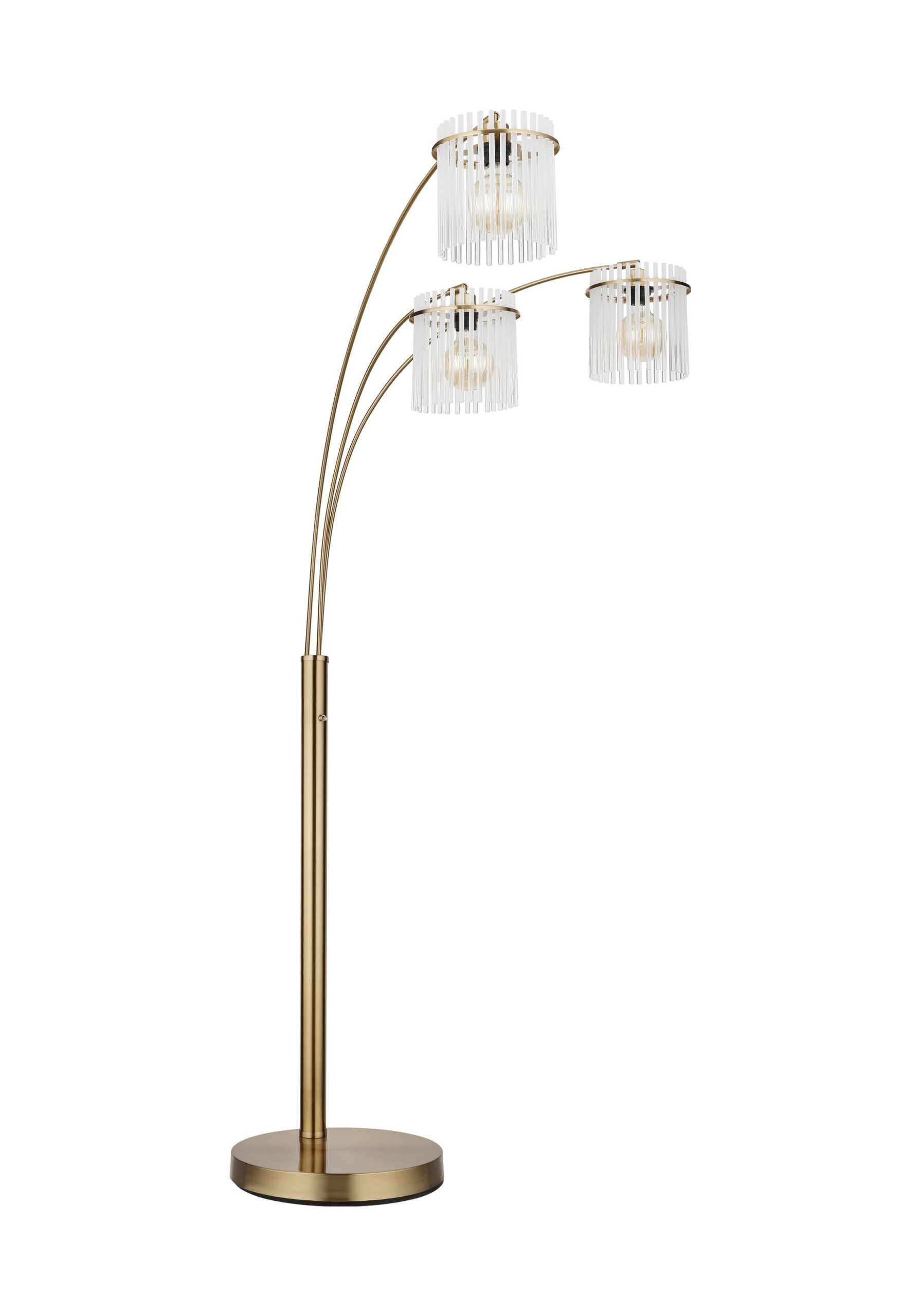 Lampadaire 3 bras en arc, abat-jours barreaux de verre fumé ou opale lampadaire 3 bras verre fumé or éteint, barreaux de verre opale sur fond blanc
