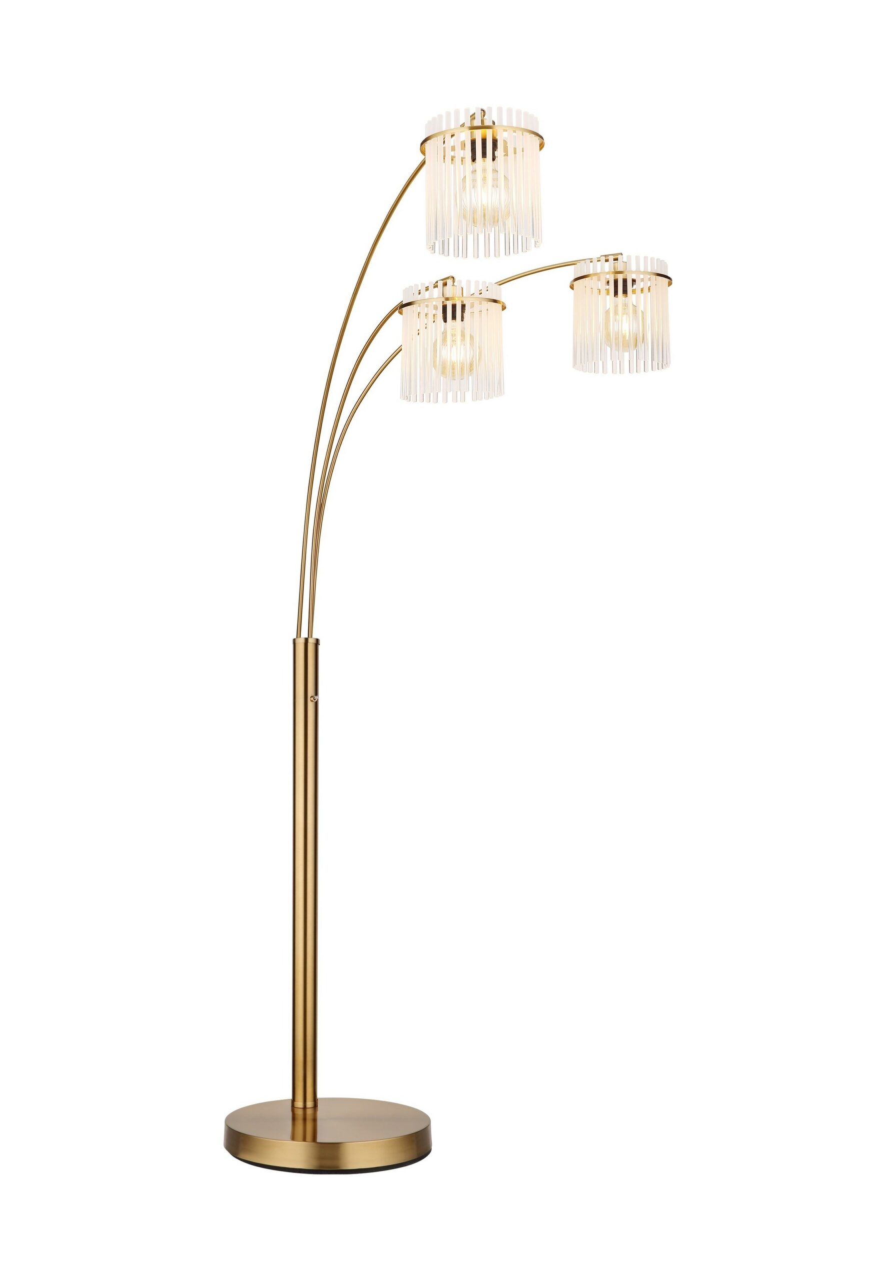 Lampadaire 3 bras en arc, abat-jours barreaux de verre fumé ou opale lampadaire 3 bras verre fumé opale et métal or, trois bras incurvés, fond blanc