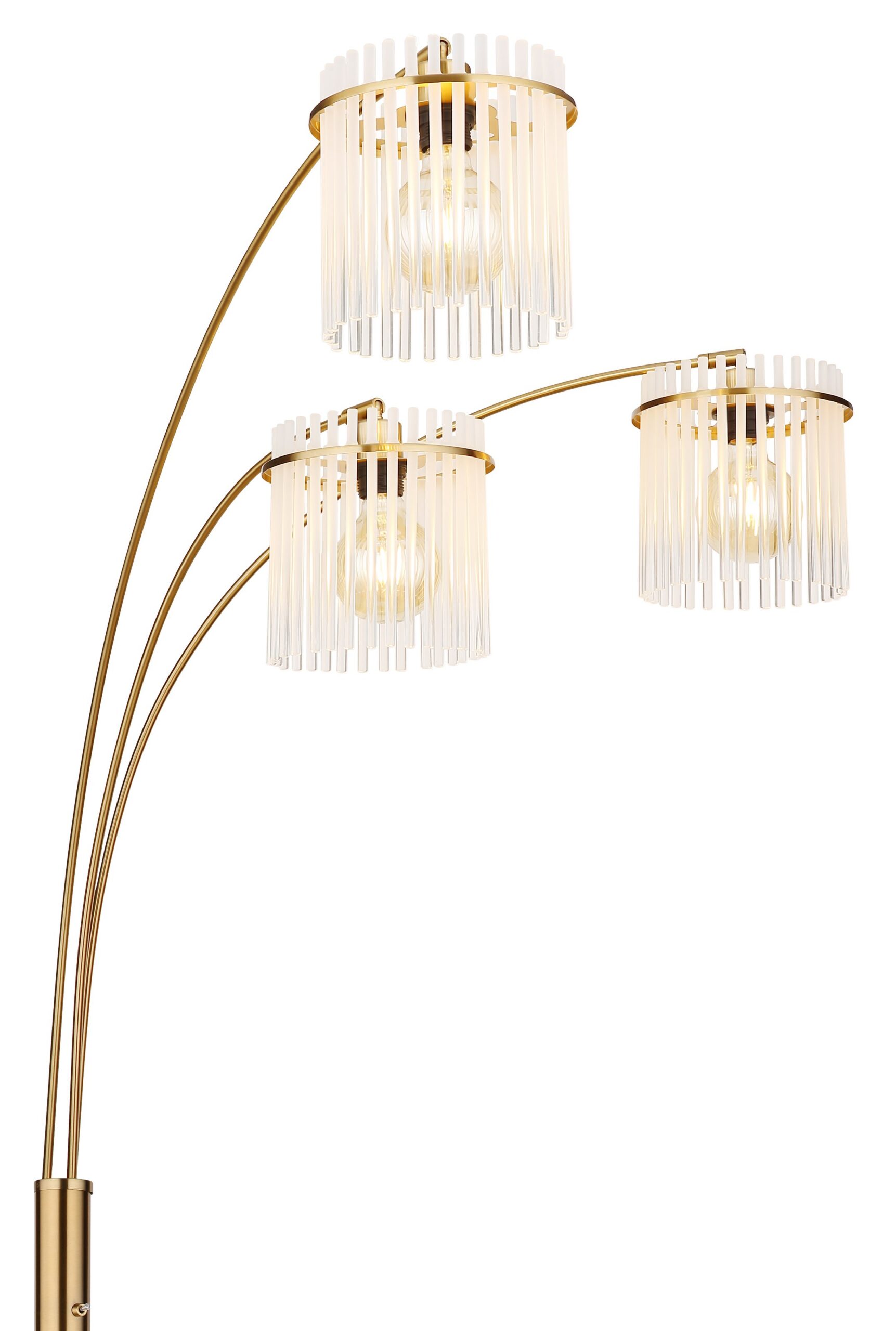 Lampadaire 3 bras en arc, abat-jours barreaux de verre fumé ou opale lampadaire 3 bras verre fumé gros plan sur les abat-jours en barreaux de verre opale