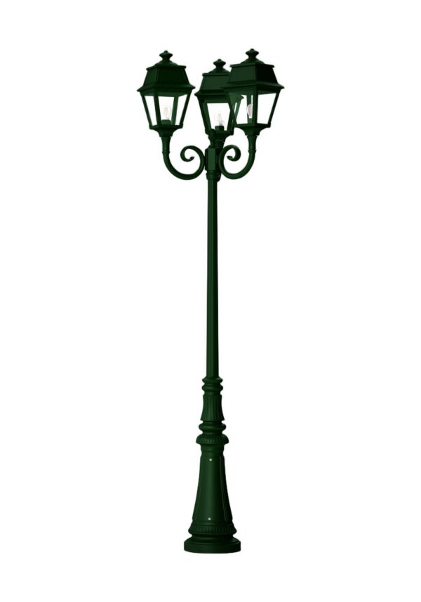 lampadaire 3 têtes Avenue 2 en aluminium vert anglais, rendu sur fond blanc