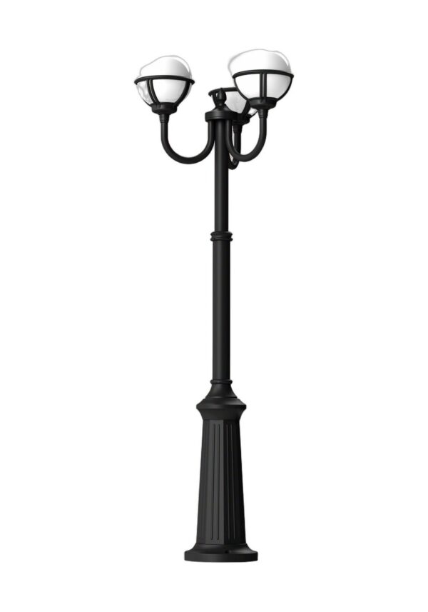 lampadaire 3 têtes Boréal en aluminium noir foncé avec trois globes opale, rendu sur fond blanc