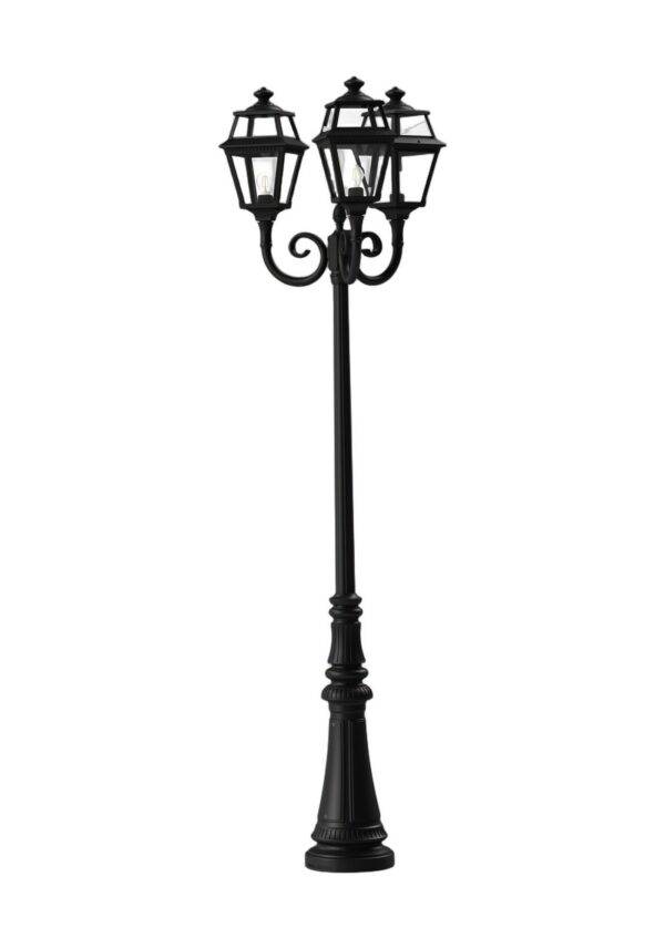 lampadaire 3 têtes Place des Vosges 2 en aluminium noir foncé avec trois lanternes, rendu sur fond blanc