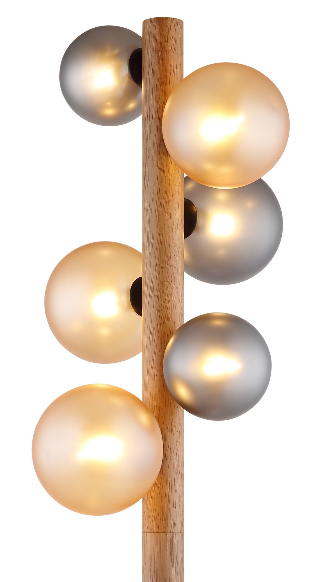 Lampadaire 6 boules de verre sur tige, fumé, ambré, bronze ou bois, 155 cm lampadaire 6 boules de verre gros plan sur les boules ambrées et fumées et la tige en bois