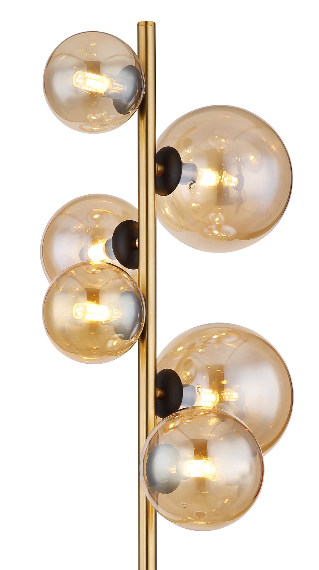 Lampadaire 6 boules de verre sur tige, fumé, ambré, bronze ou bois, 155 cm lampadaire 6 boules de verre gros plan sur les boules ambrées et la tige laiton mat