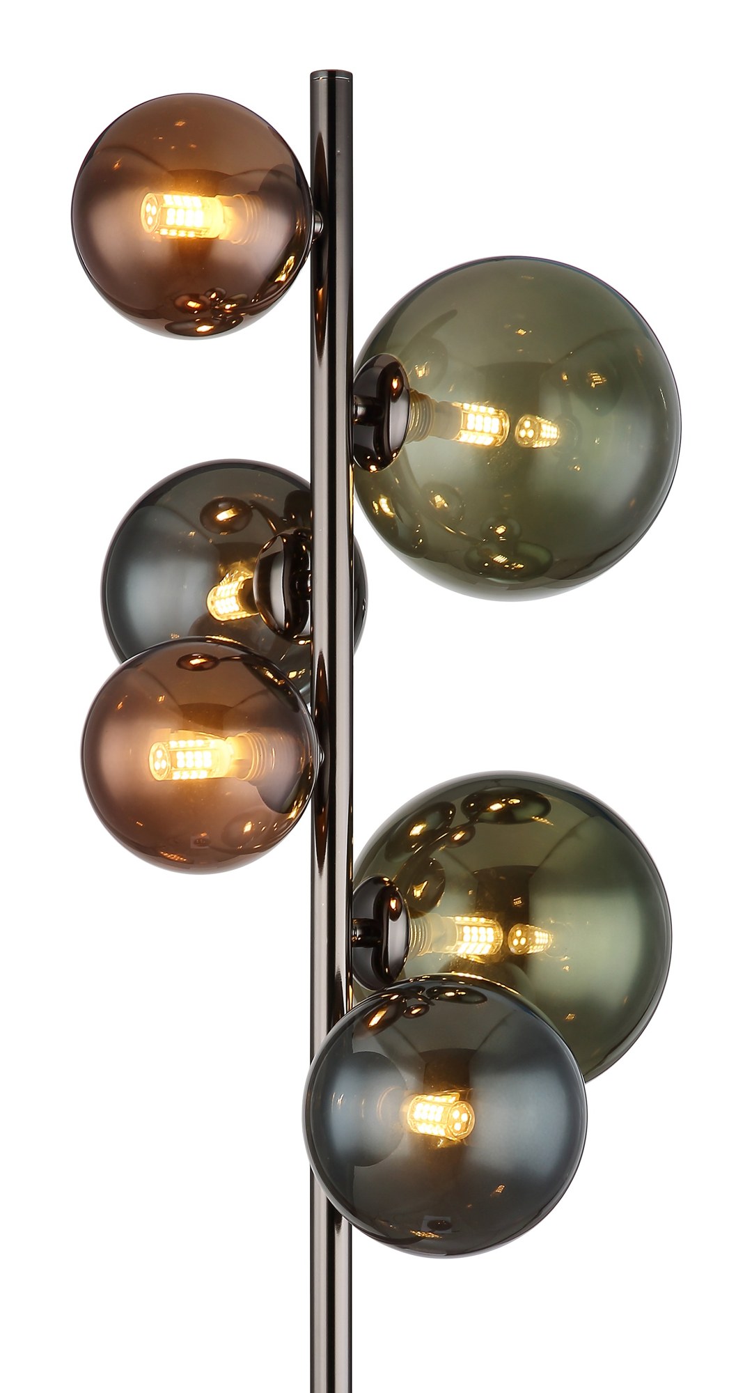 Lampadaire 6 boules de verre sur tige, fumé, ambré, bronze ou bois, 155 cm lampadaire 6 boules de verre gros plan sur les boules bronze, vert et pétrole