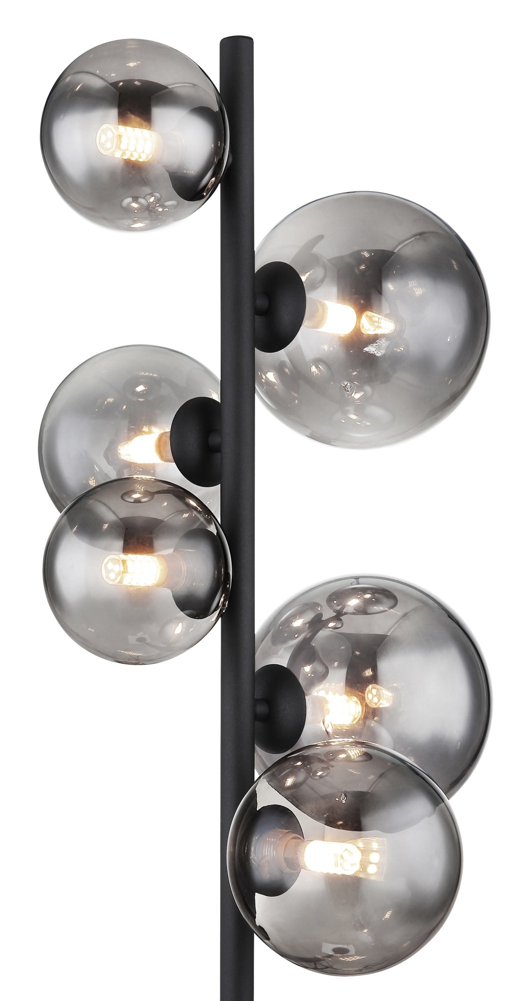 Lampadaire 6 boules de verre sur tige, fumé, ambré, bronze ou bois, 155 cm lampadaire 6 boules de verre gros plan sur les six boules de verre fumé