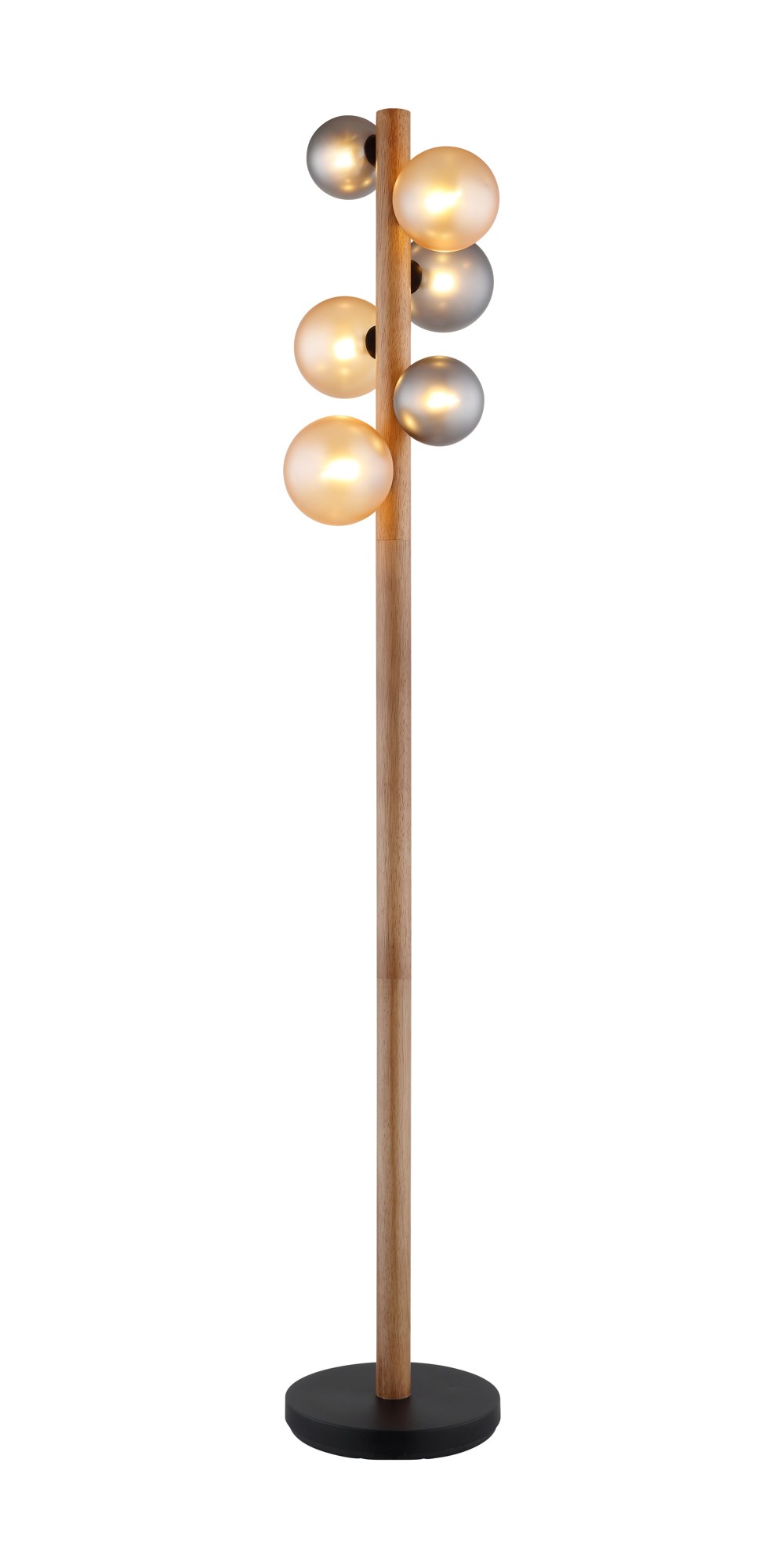 Lampadaire 6 boules de verre sur tige, fumé, ambré, bronze ou bois, 155 cm lampadaire 6 boules de verre version à tige en bois et verre ambré et fumé