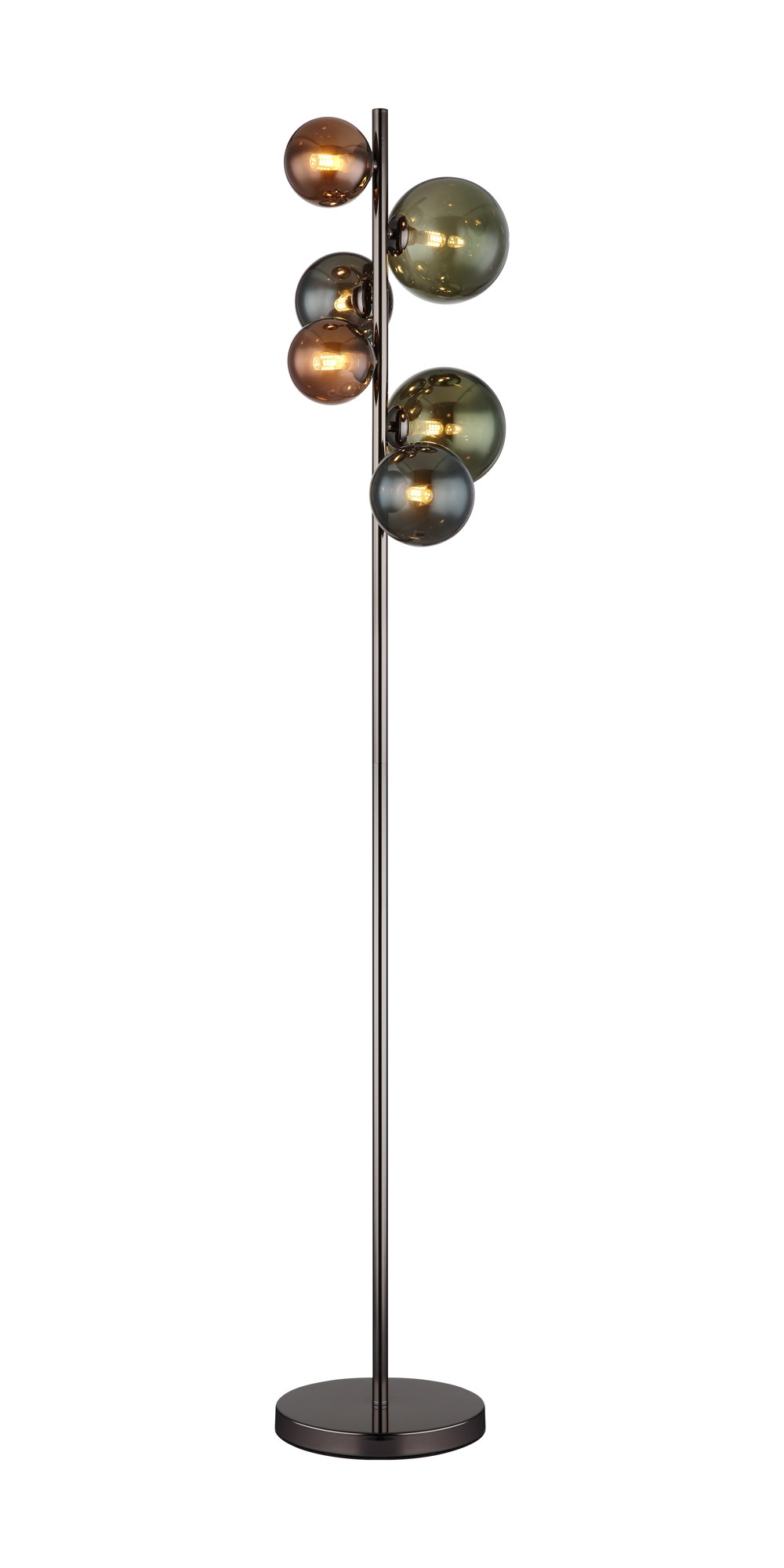 Lampadaire 6 boules de verre sur tige, fumé, ambré, bronze ou bois, 155 cm lampadaire 6 boules de verre version grise à verres bronze, vert et pétrole