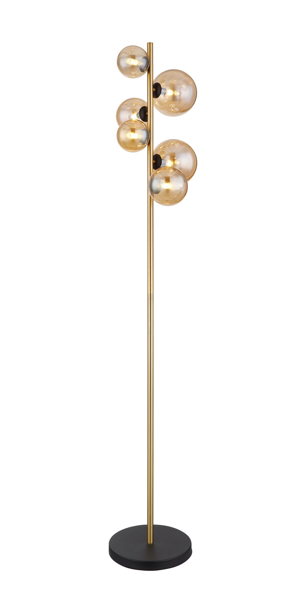 Lampadaire 6 boules de verre sur tige, fumé, ambré, bronze ou bois, 155 cm lampadaire 6 boules de verre version laiton mat et verre ambré