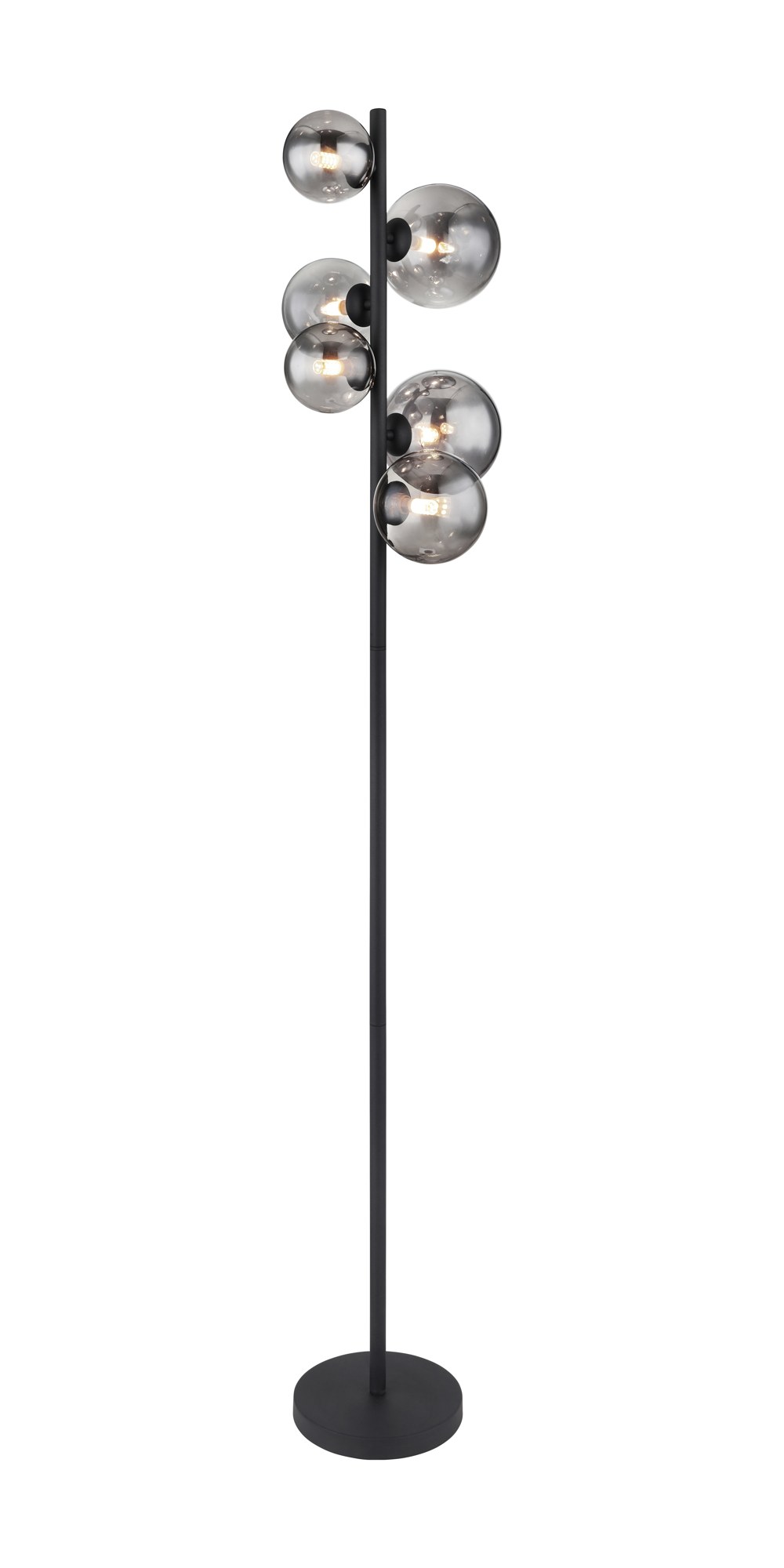Lampadaire 6 boules de verre sur tige, fumé, ambré, bronze ou bois, 155 cm lampadaire 6 boules de verre version noire à verre fumé, tige de 155 cm, fond blanc
