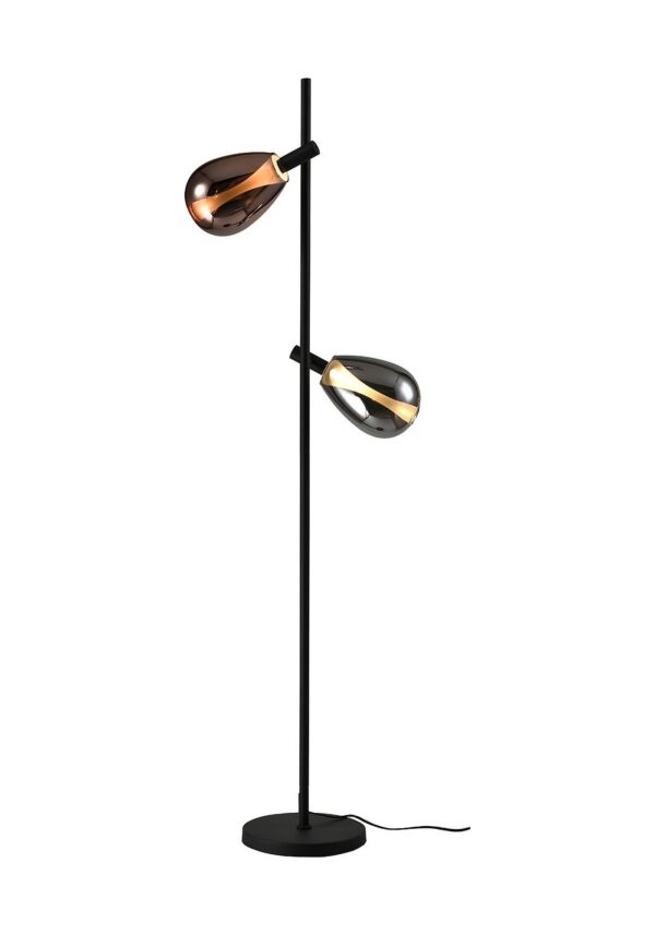 lampadaire à deux lumières fumé et cuivré sur fond blanc