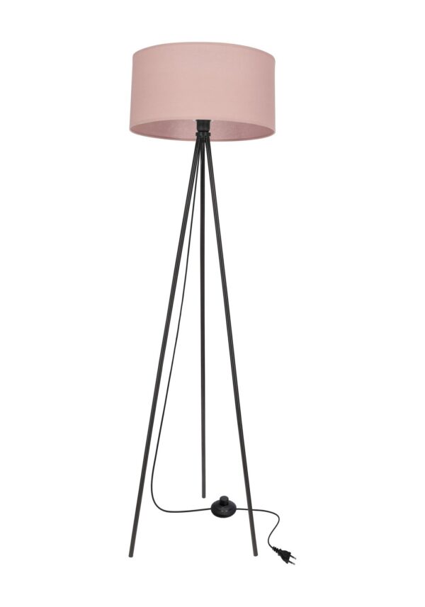 lampadaire abat-jour tambour rose sur trépied noir, fond blanc