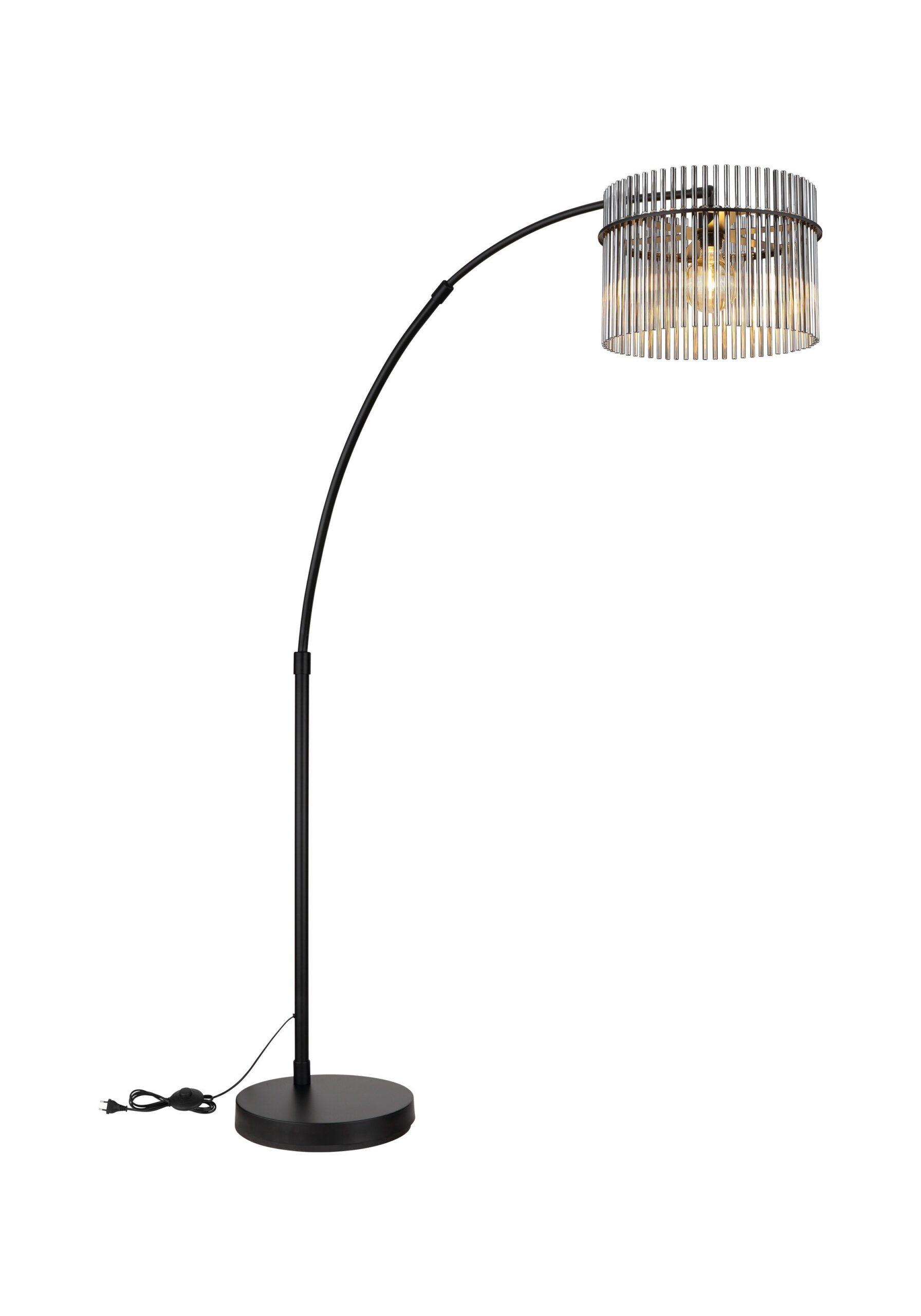 Lampadaire arc verre fumé, abat-jour à barreaux, hauteur réglable lampadaire arc verre fumé avec câble et interrupteur au pied, fond blanc