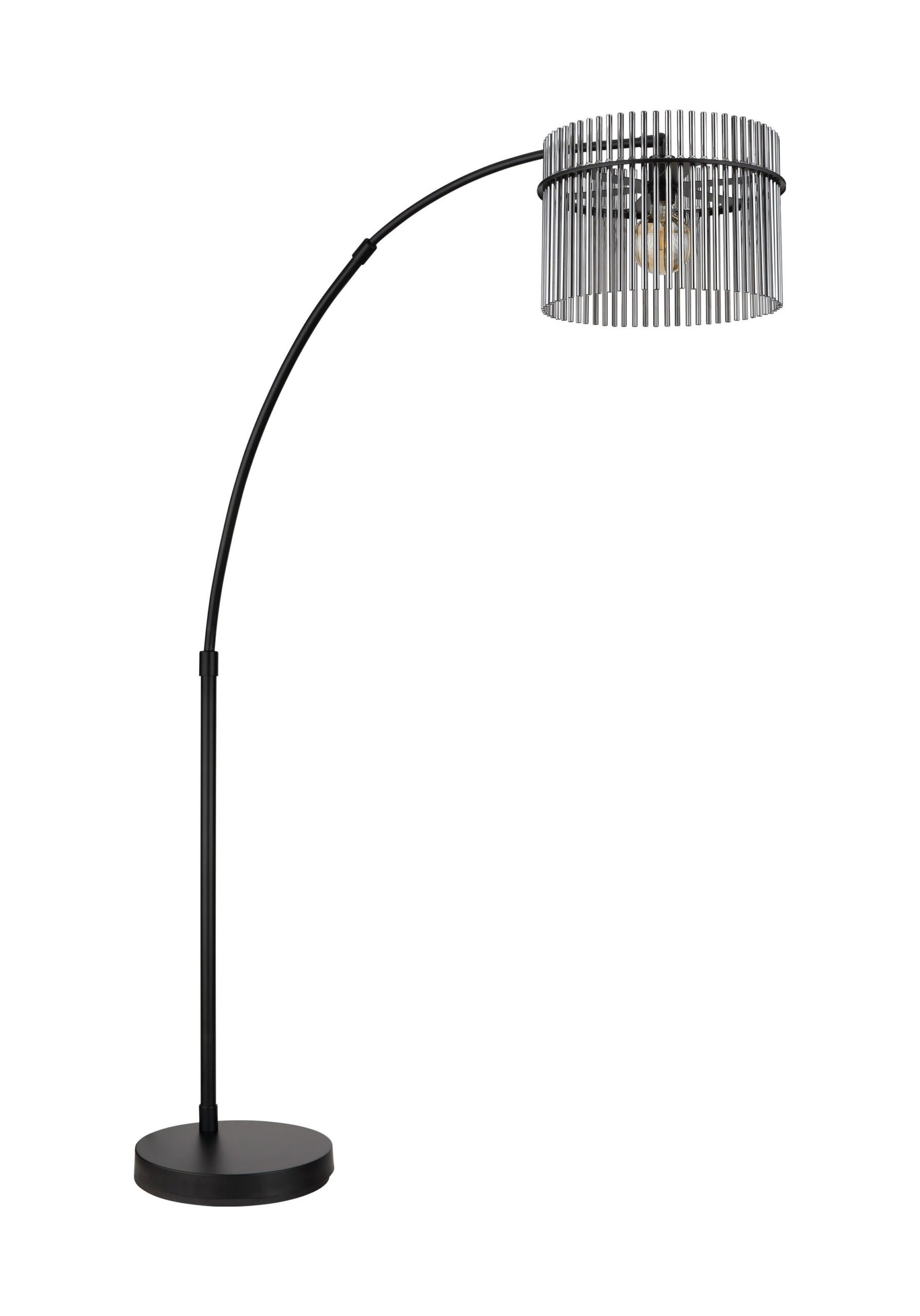 Lampadaire arc verre fumé, abat-jour à barreaux, hauteur réglable lampadaire arc verre fumé éteint, abat-jour de barreaux de verre fumé sur fond blanc
