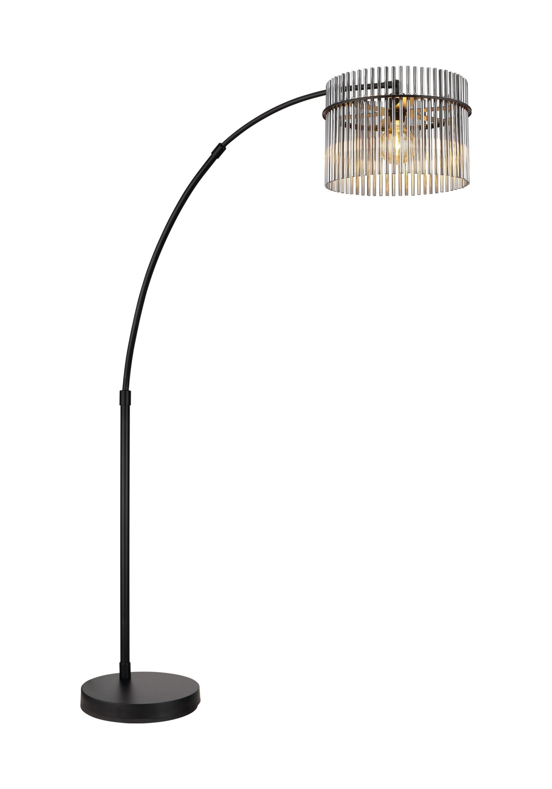 Lampadaire arc verre fumé, abat-jour à barreaux, hauteur réglable lampadaire arc verre fumé tube courbe en métal noir, abat-jour rond de barreaux, fond blanc