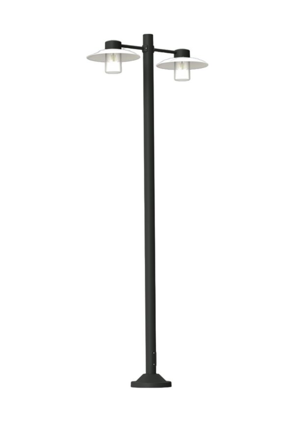 lampadaire Aubanne à 2 têtes en aluminium gris anthracite avec verre clair, rendu sur fond blanc