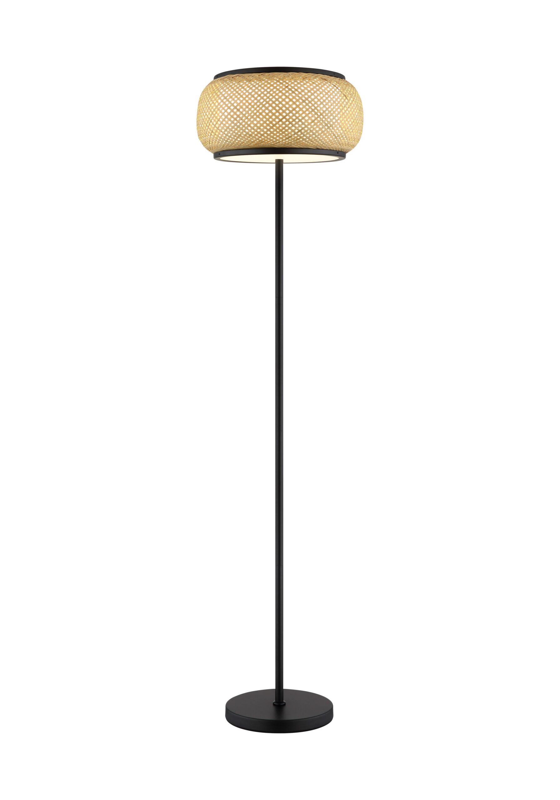 Lampadaire bambou LED noir, abat-jour tressé Ø 38 cm, 146 cm lampadaire bambou LED 146 cm, abat-jour tressé Ø 38 cm et pied noir, sur fond blanc