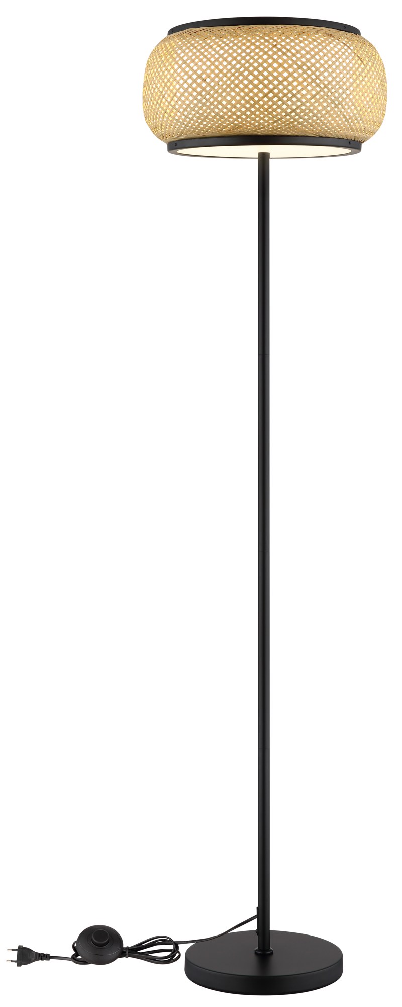Lampadaire bambou LED noir, abat-jour tressé Ø 38 cm, 146 cm lampadaire bambou LED avec câble et interrupteur au pied, sur fond blanc