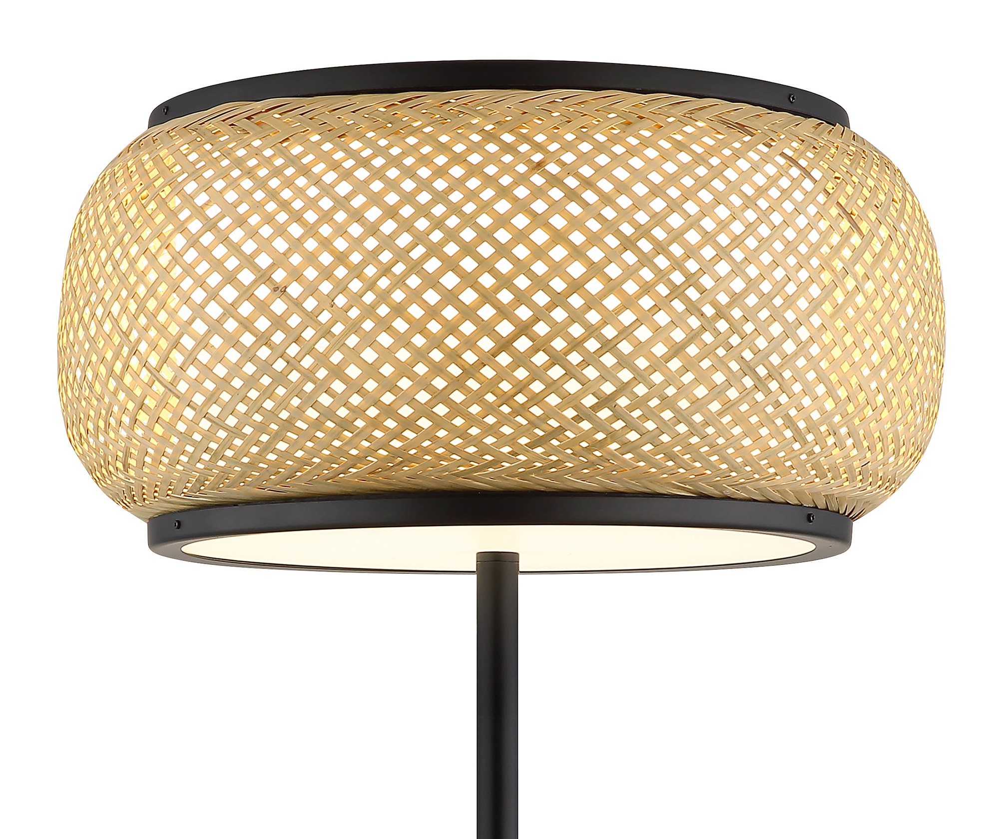 Lampadaire bambou LED noir, abat-jour tressé Ø 38 cm, 146 cm lampadaire bambou LED gros plan sur un abat-jour en bambou tressé
