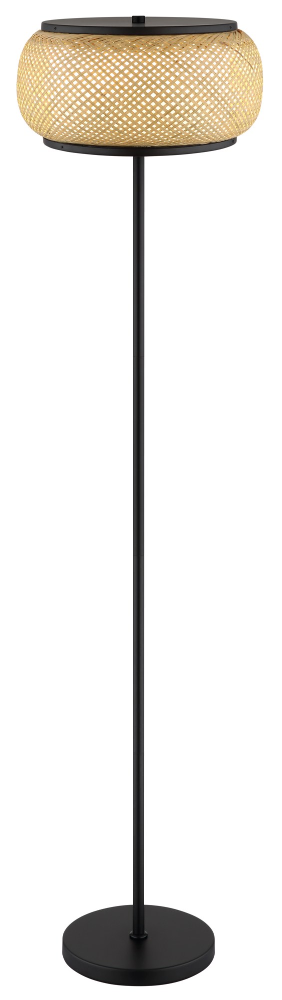 Lampadaire bambou LED noir, abat-jour tressé Ø 38 cm, 146 cm lampadaire bambou LED vue de face sur fond blanc