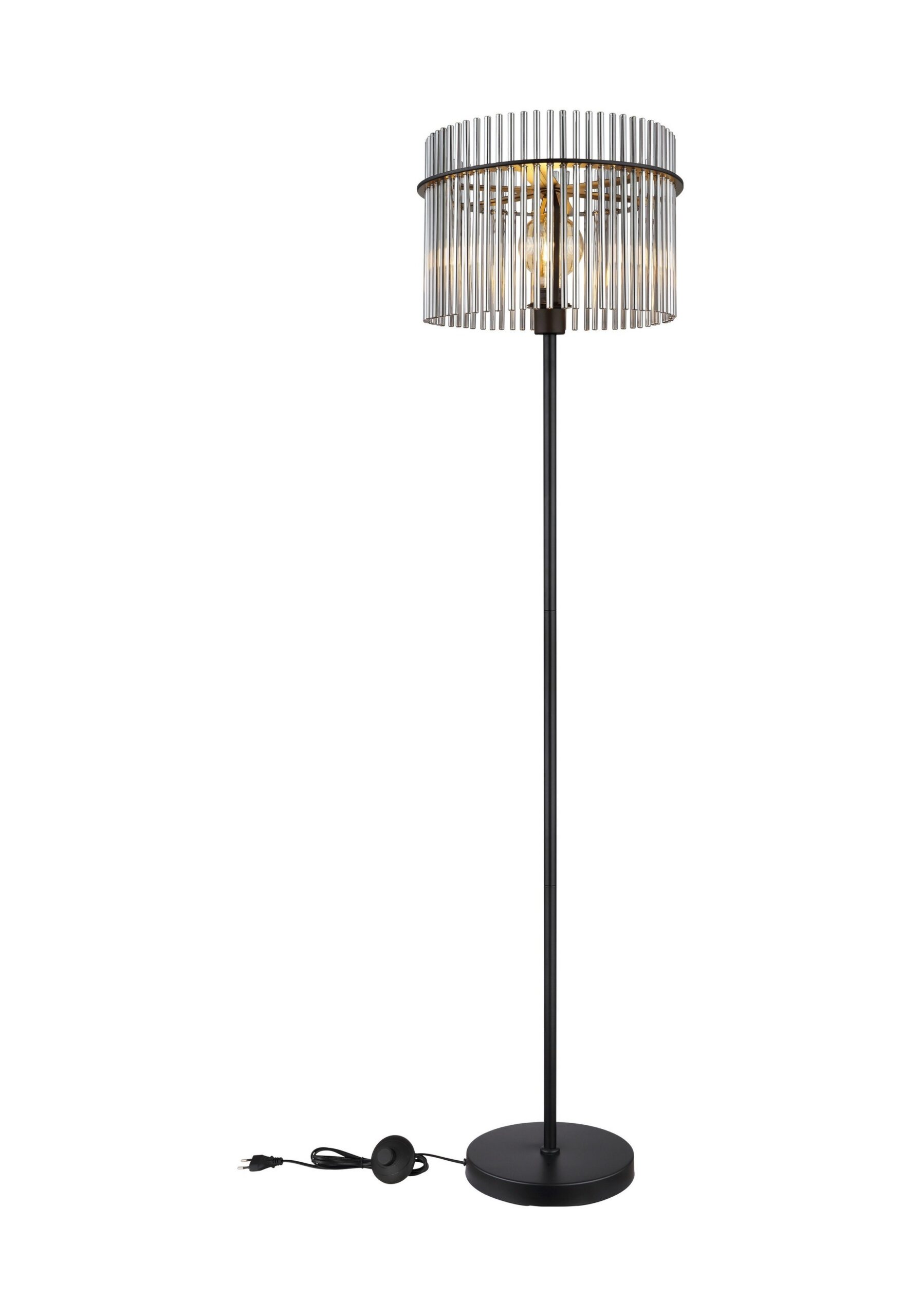 Lampadaire barreaux de verre, abat-jour rond Ø 38 cm, 3 finitions lampadaire barreaux de verre avec câble et interrupteur au pied, fond blanc