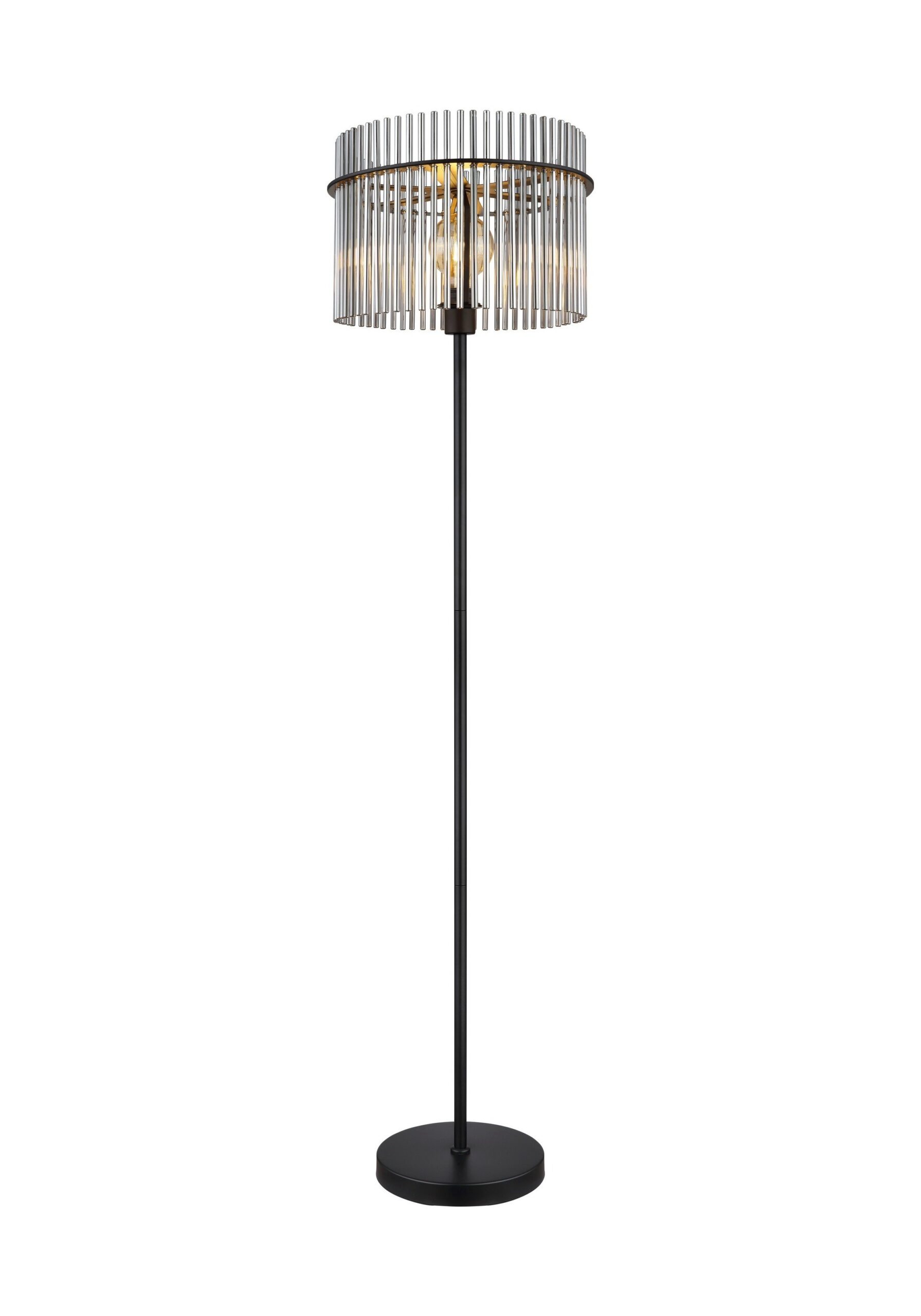 Lampadaire barreaux de verre, abat-jour rond Ø 38 cm, 3 finitions lampadaire barreaux de verre noir et verre fumé, abat-jour rond Ø 38 cm, fond blanc