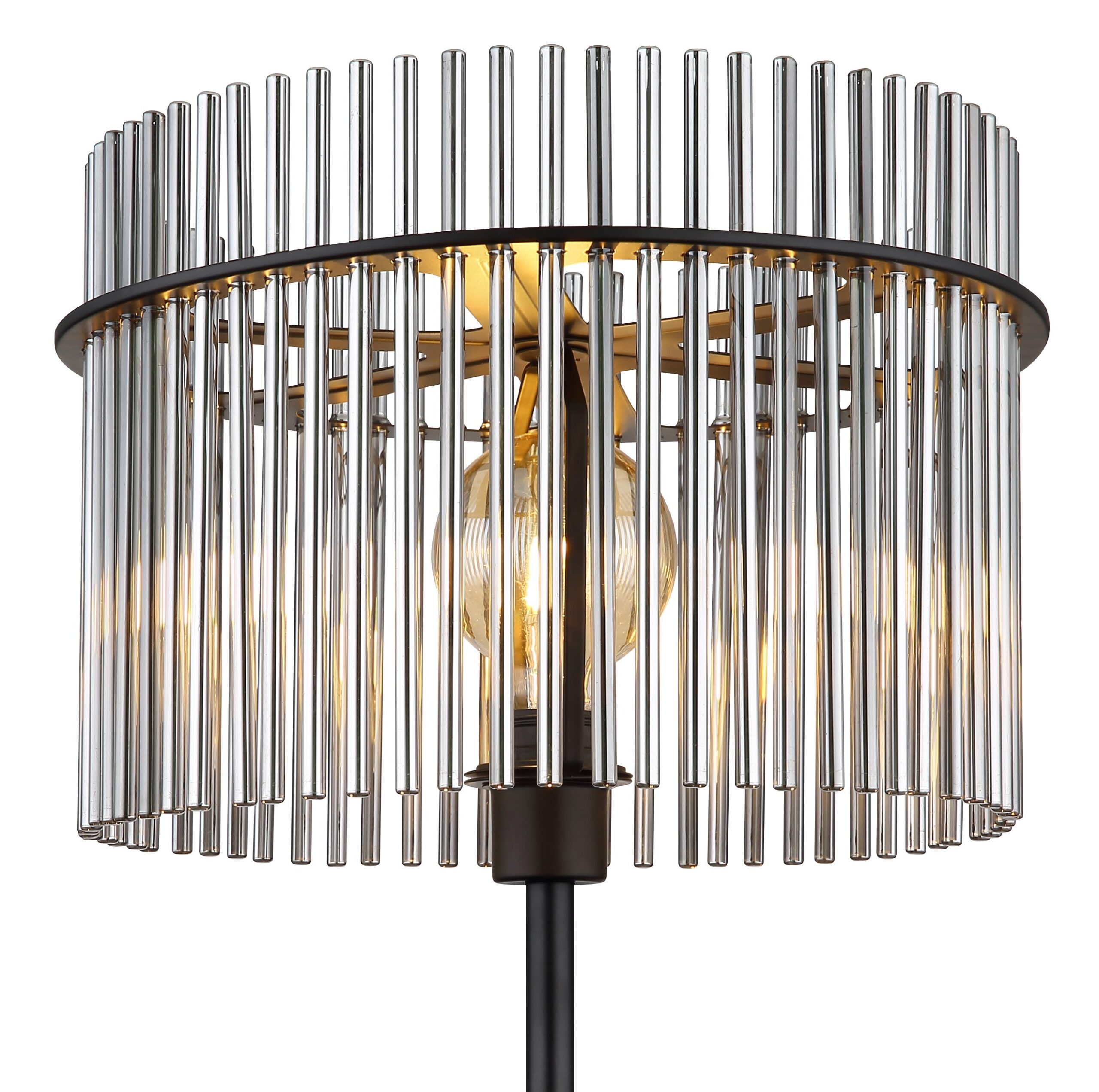 Lampadaire barreaux de verre, abat-jour rond Ø 38 cm, 3 finitions lampadaire barreaux de verre gros plan sur un abat-jour rond en barreaux de verre fumé