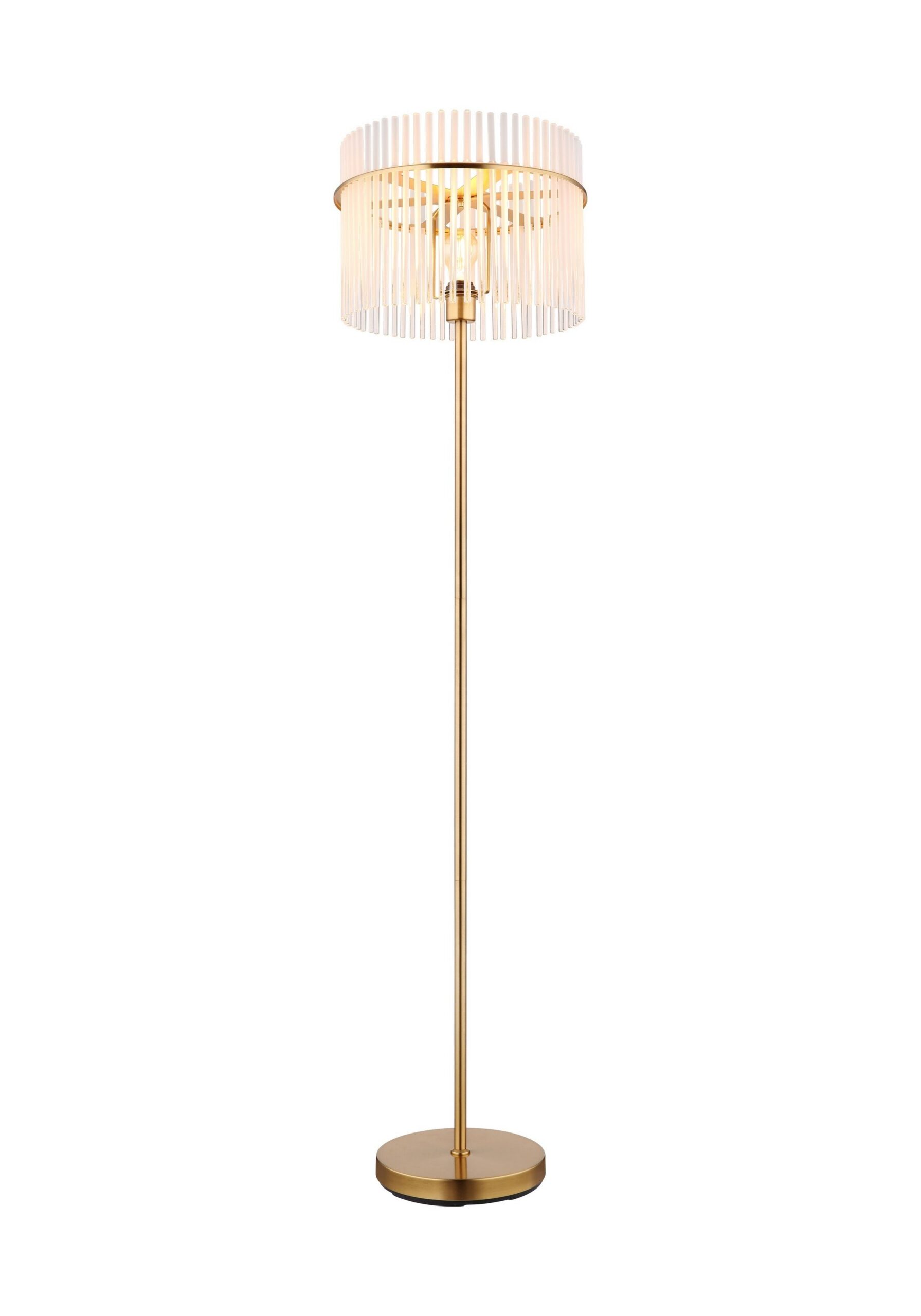 Lampadaire barreaux de verre, abat-jour rond Ø 38 cm, 3 finitions lampadaire barreaux de verre opale et métal or sur fond blanc