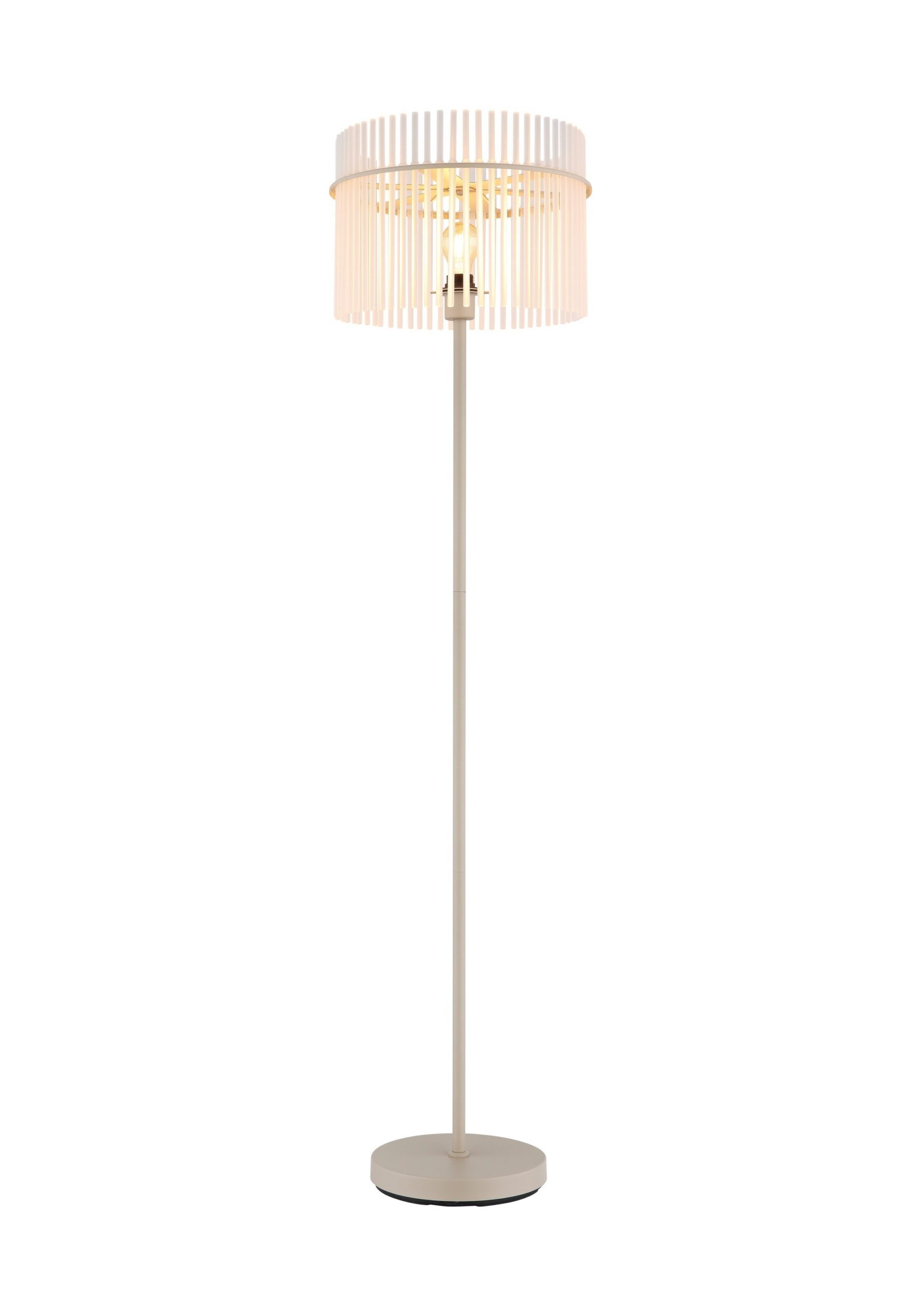 Lampadaire barreaux de verre, abat-jour rond Ø 38 cm, 3 finitions lampadaire barreaux de verre satiné et métal sable sur fond blanc
