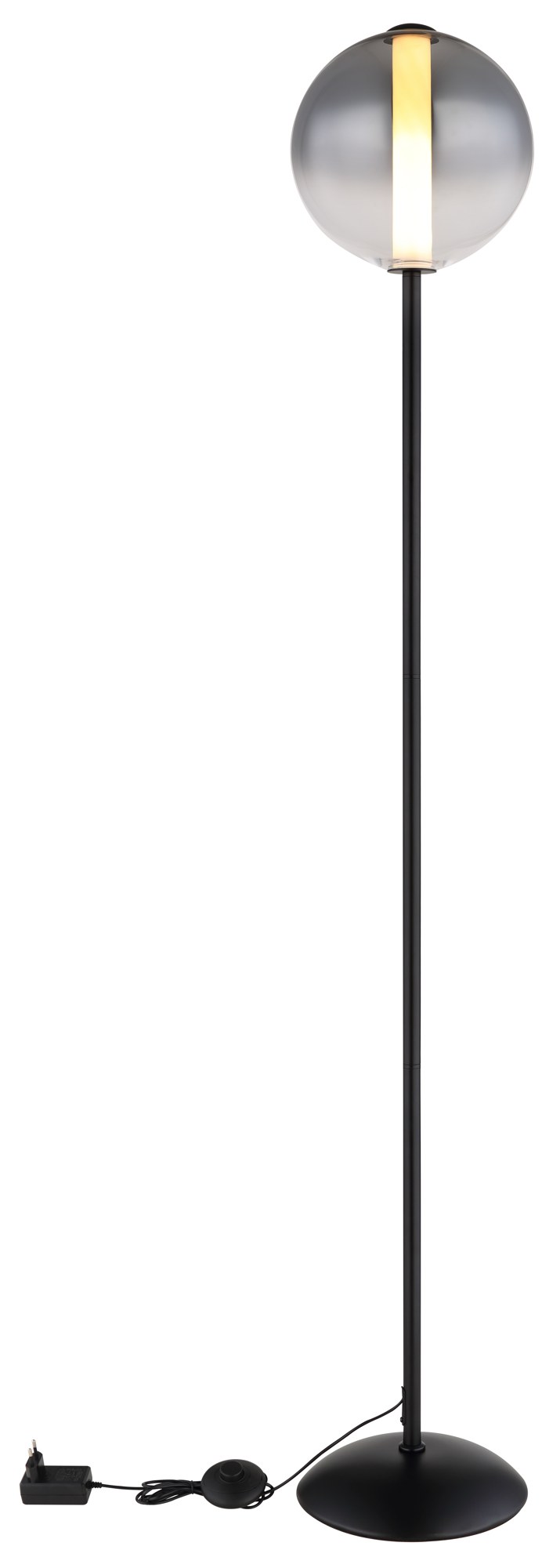 Lampadaire boule verre fumé noir, LED 3000 K, hauteur 152 cm lampadaire boule verre fumé avec câble et interrupteur, sur fond blanc