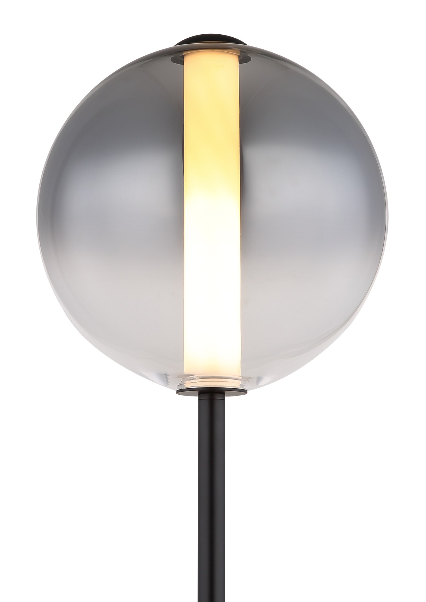 Lampadaire boule verre fumé noir, LED 3000 K, hauteur 152 cm lampadaire boule verre fumé gros plan sur le globe en verre fumé et le tube opale