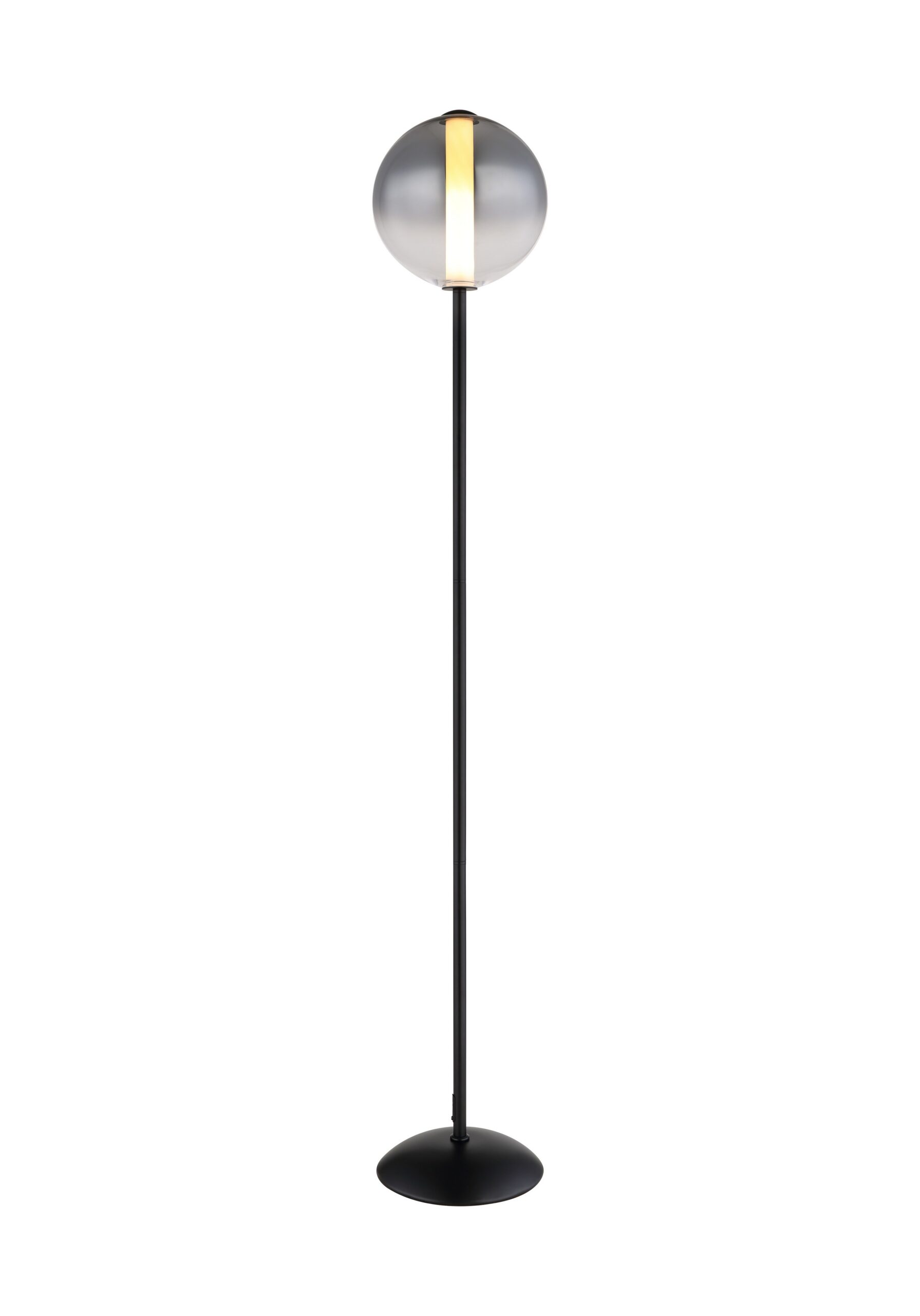 Lampadaire boule verre fumé noir, LED 3000 K, hauteur 152 cm lampadaire boule verre fumé 152 cm, boule de verre fumé Ø 25 cm et pied noir, sur fond blanc