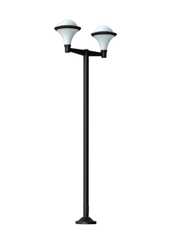 lampadaire Dallas à deux têtes en aluminium noir foncé avec vasques opales, rendu sur fond blanc