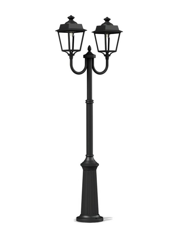 lampadaire double Place des Vosges Évolution noir à deux lanternes avec diffuseurs PMMA clair, rendu sur fond blanc