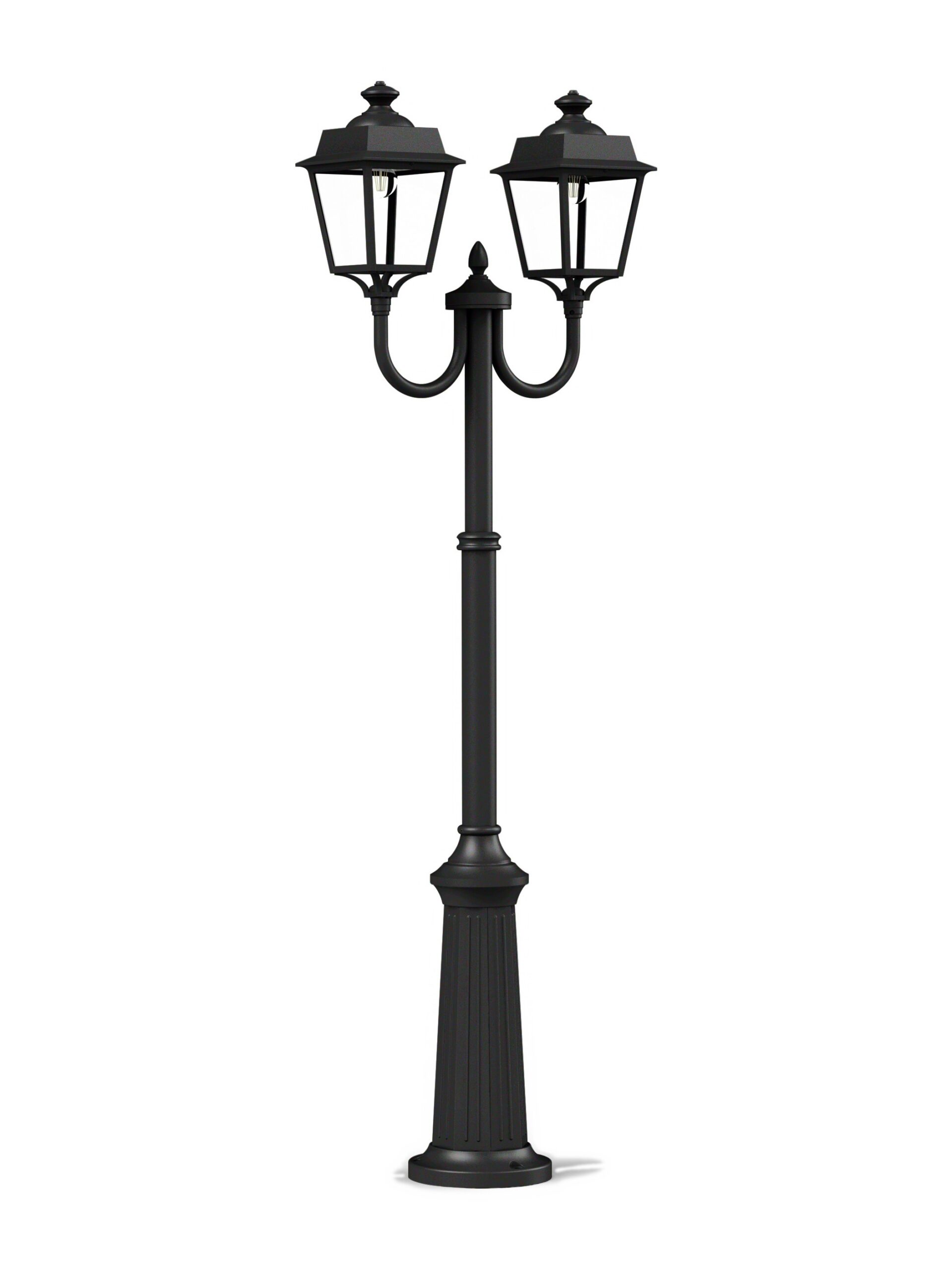 Lampadaire double Place des Vosges Évolution par Roger Pradier lampadaire double Place des Vosges Évolution noir à deux lanternes avec diffuseurs PMMA clair, rendu sur fond blanc