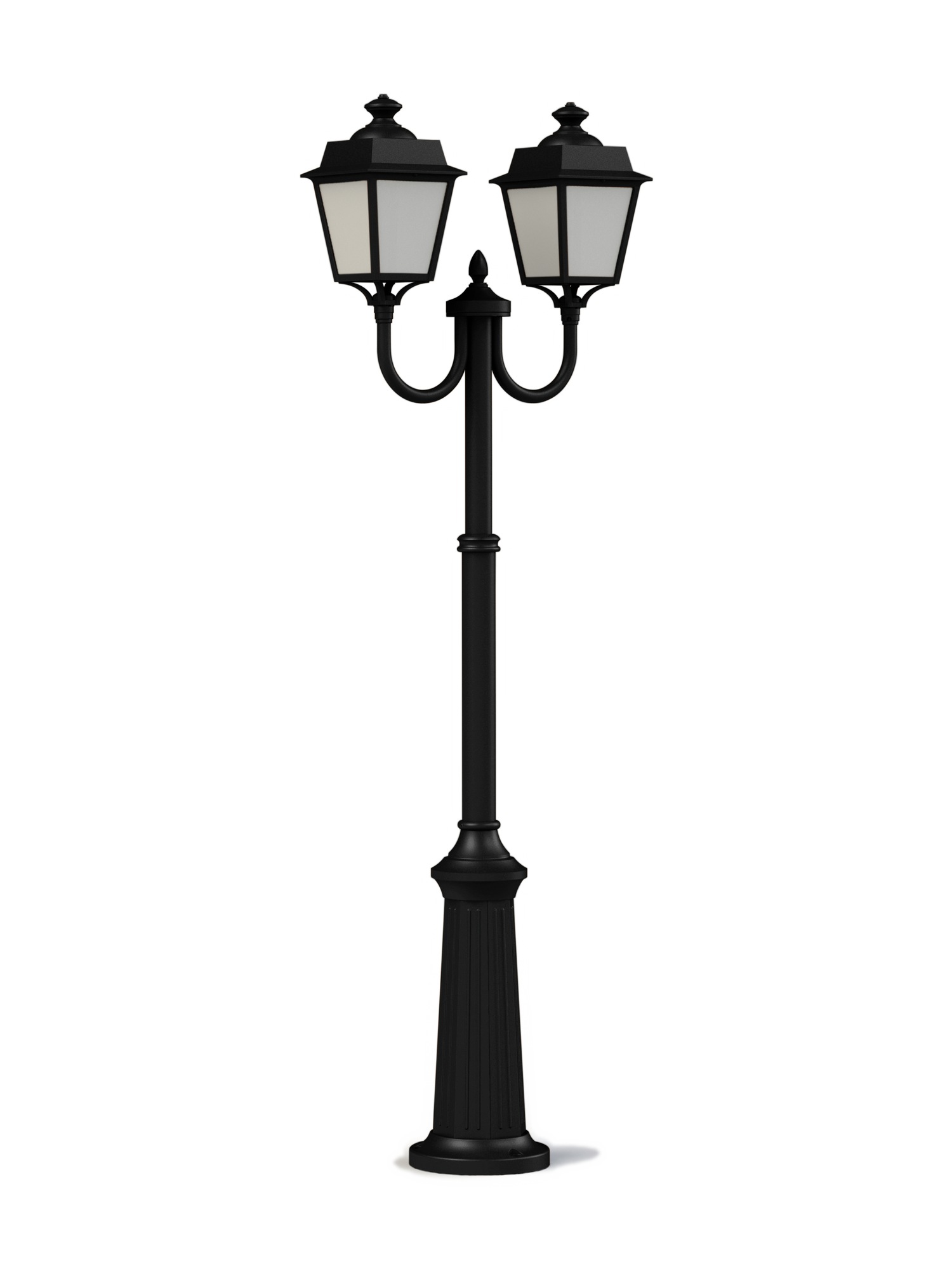 Lampadaire double Place des Vosges Évolution par Roger Pradier lampadaire double Place des Vosges Évolution noir avec diffuseurs PMMA opale, rendu sur fond blanc