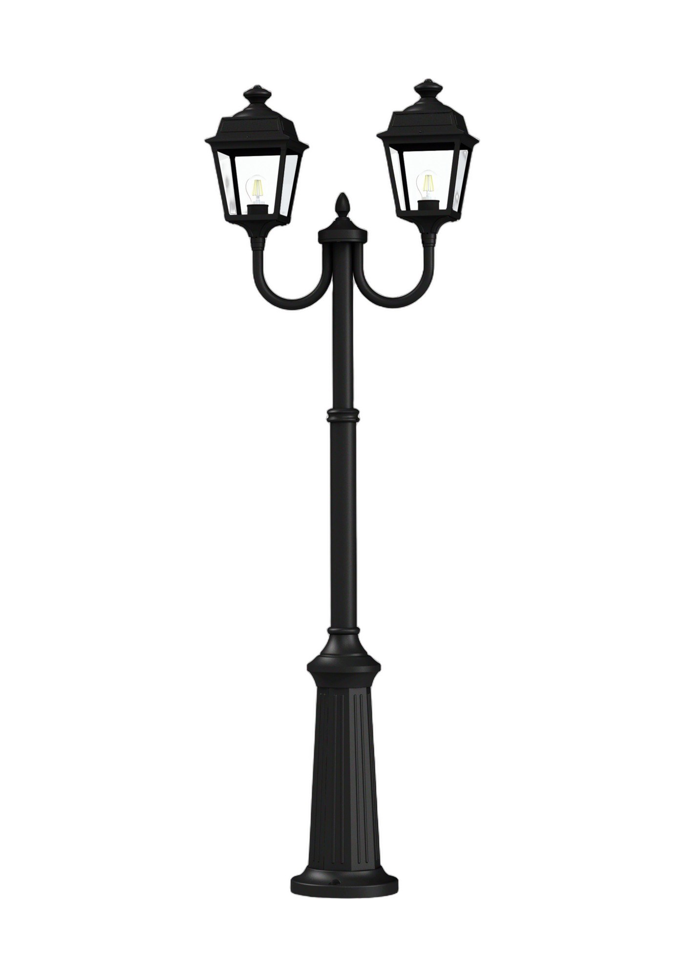 Lampadaire double Place des Vosges Tradition, Roger Pradier lampadaire double Place des Vosges Tradition en aluminium noir foncé avec verre clair, rendu sur fond blanc