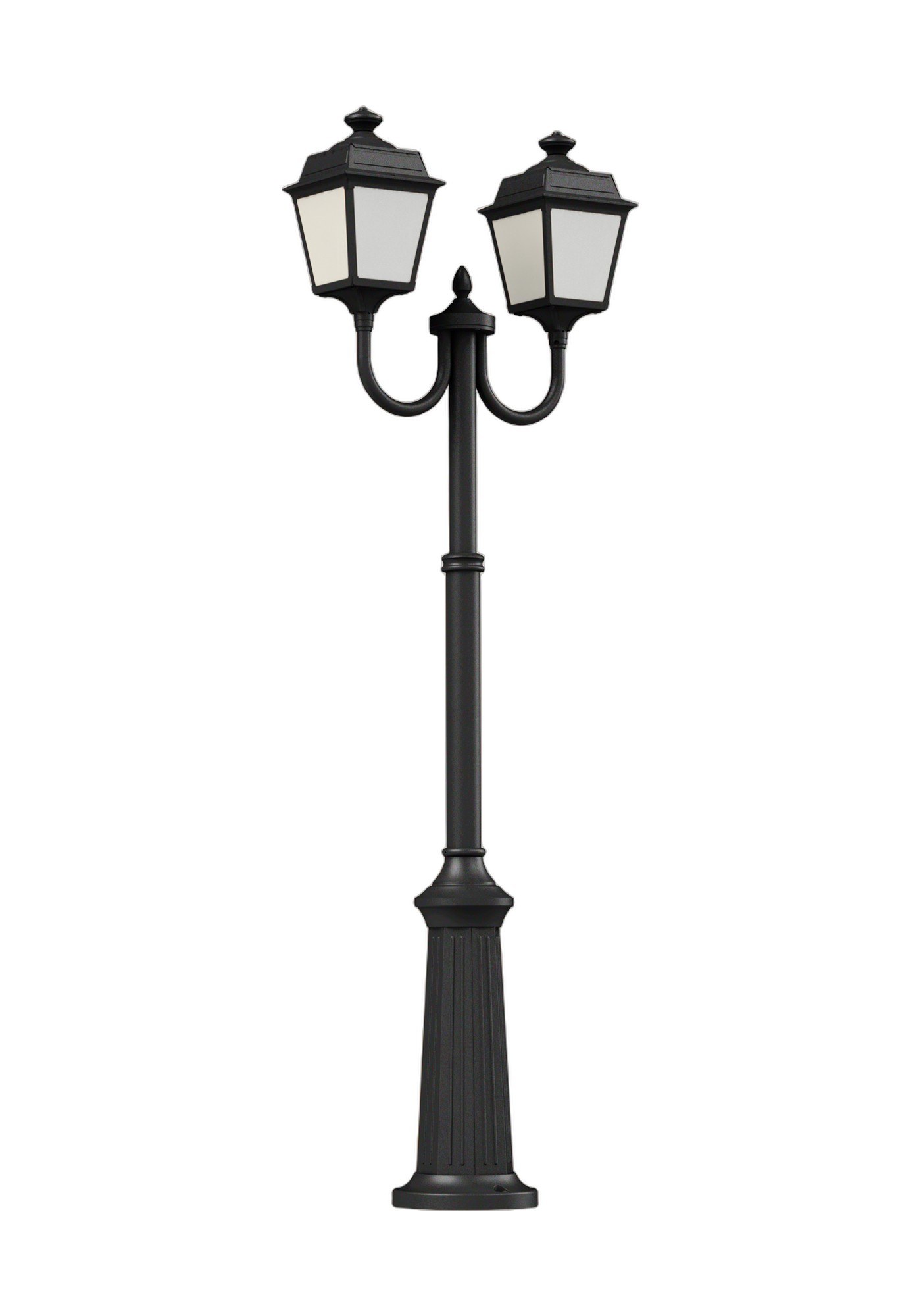 Lampadaire double Place des Vosges Tradition, Roger Pradier lampadaire double Place des Vosges Tradition en aluminium noir foncé avec verre opale, rendu sur fond blanc