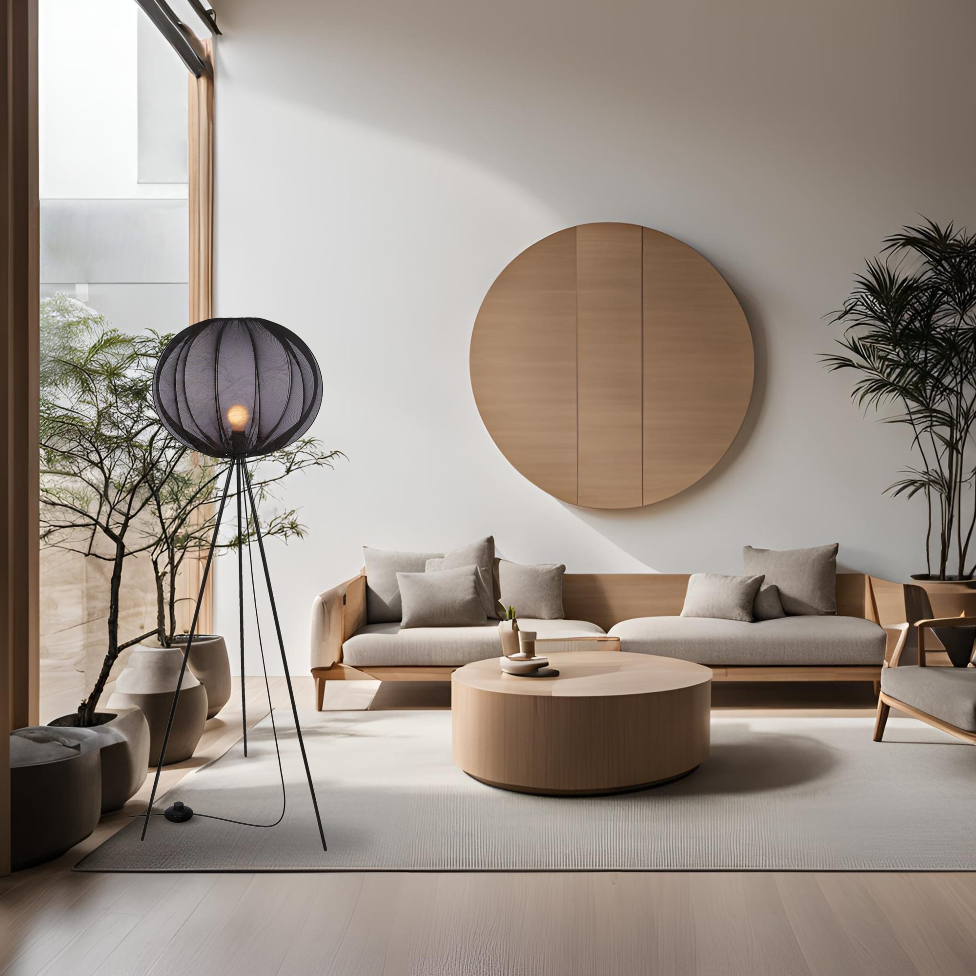 Lampadaire globe noir en voile translucide sur trépied, 161 cm lampadaire globe noir dans un salon japandi avec table basse en bois