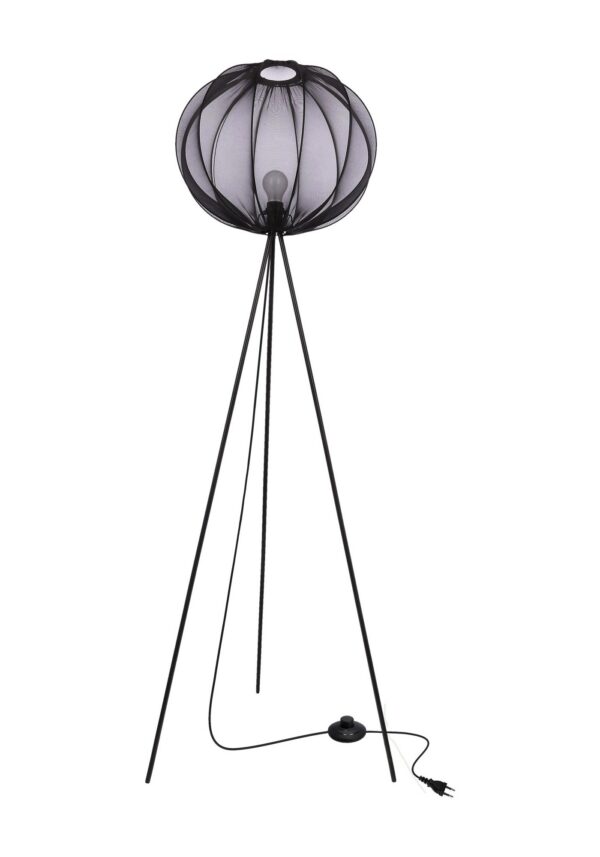 lampadaire globe noir en voile translucide sur trépied, fond blanc