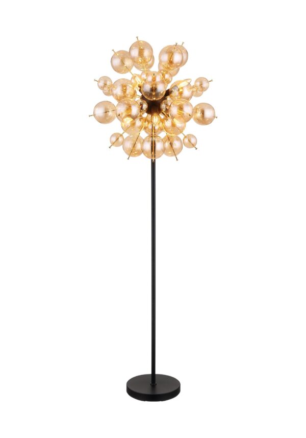lampadaire grappe de boules de verre, version ambre, tête de boules sur mât noir, fond blanc