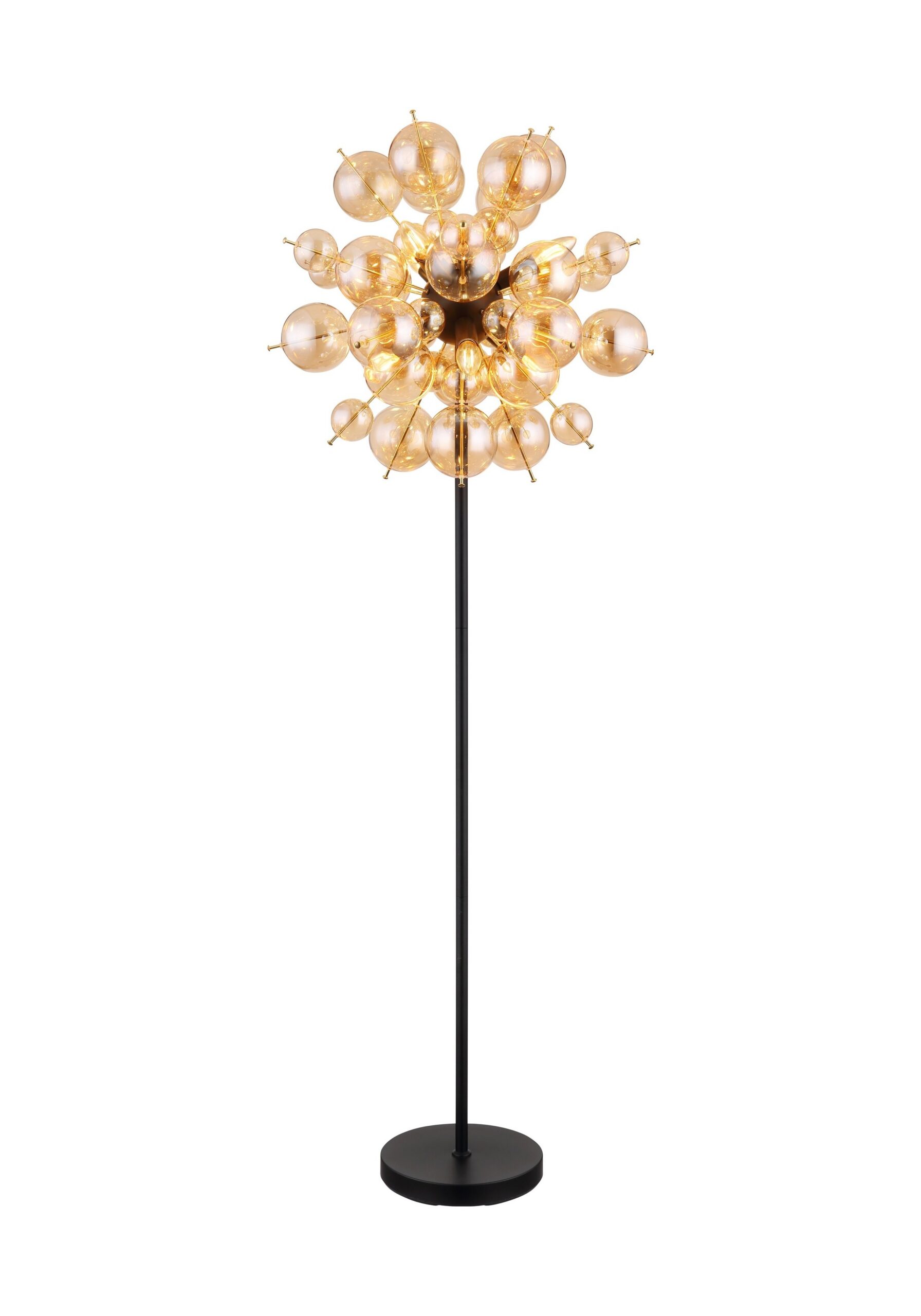Lampadaire grappe de boules de verre ambre, fumé ou opale lampadaire grappe de boules de verre, version ambre, tête de boules sur mât noir, fond blanc