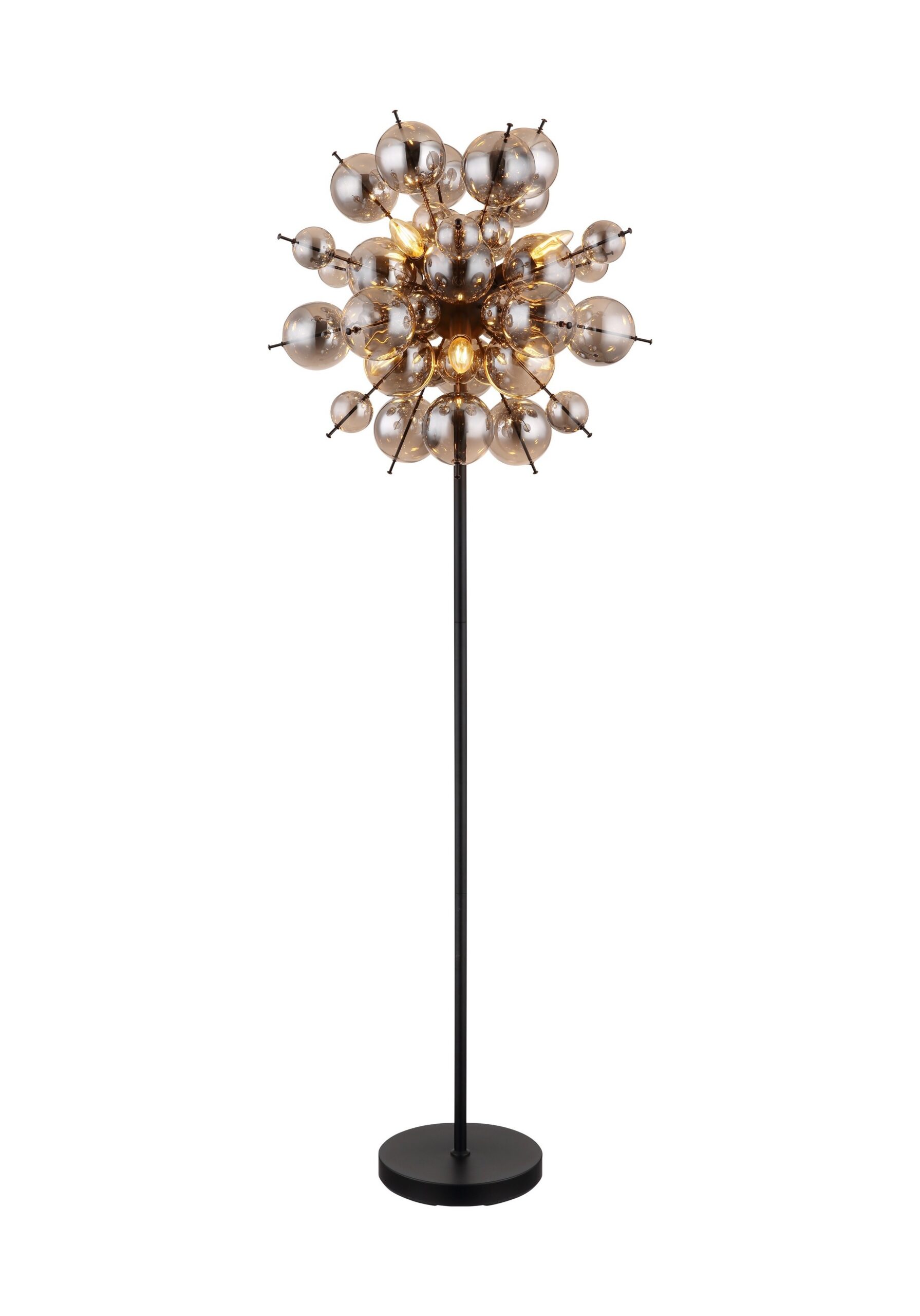 Lampadaire grappe de boules de verre ambre, fumé ou opale lampadaire grappe de boules de verre, version fumé sur mât noir mat, fond blanc