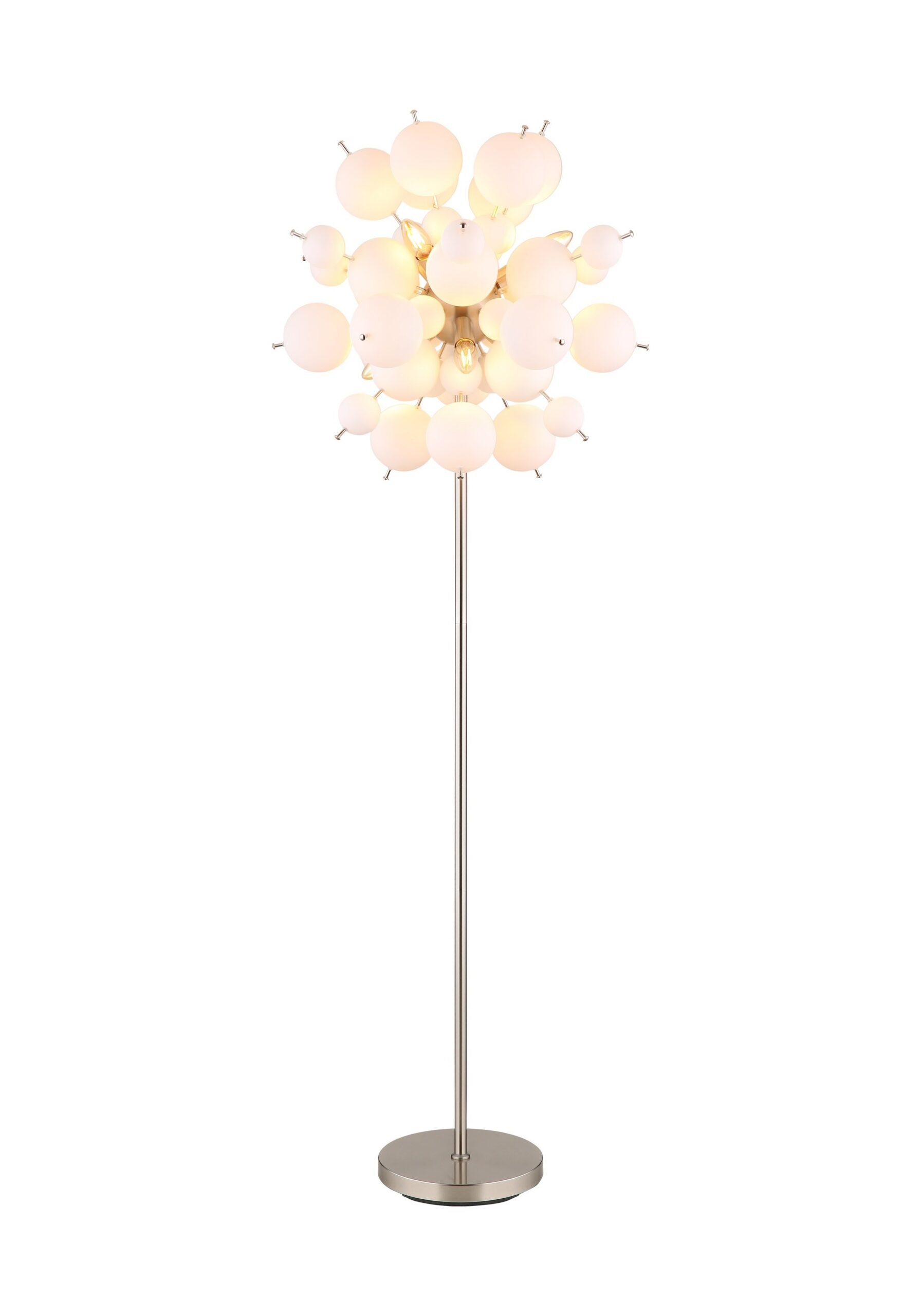 Lampadaire grappe de boules de verre ambre, fumé ou opale lampadaire grappe de boules de verre, version opale et nickel mat sur fond blanc