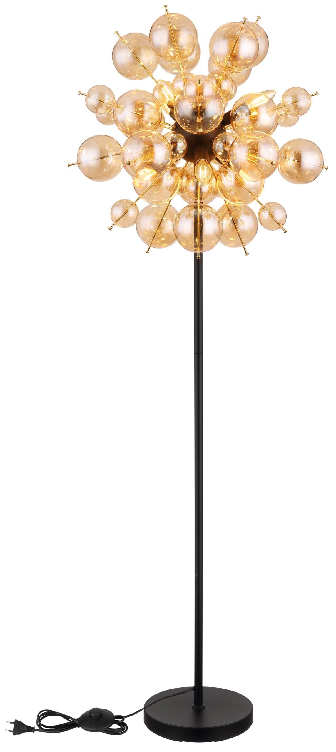 Lampadaire grappe de boules de verre ambre, fumé ou opale lampadaire grappe de boules de verre, pied rond et câble avec interrupteur, version ambre