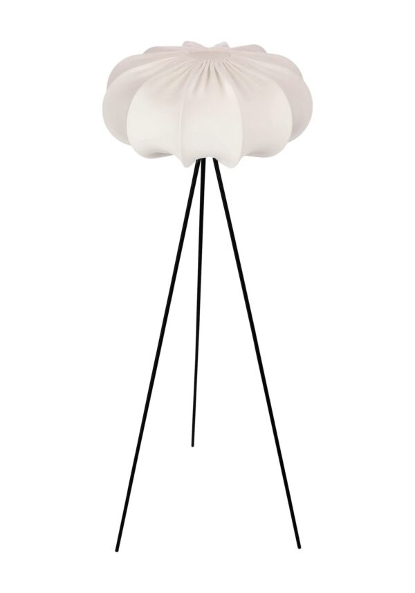 lampadaire japandi abat-jour crème plissé sur trépied noir, fond blanc