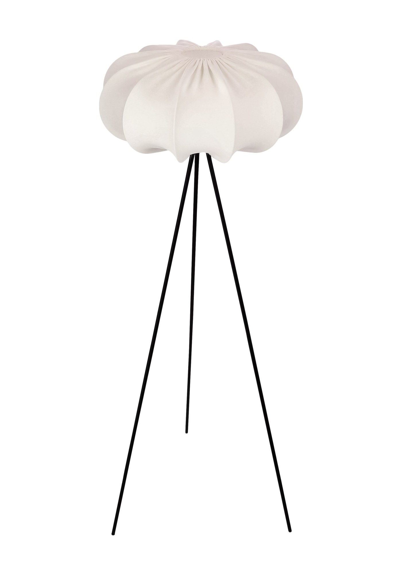 Lampadaire japandi à abat-jour en tissu crème sur trépied noir, 147 cm lampadaire japandi abat-jour crème plissé sur trépied noir, fond blanc