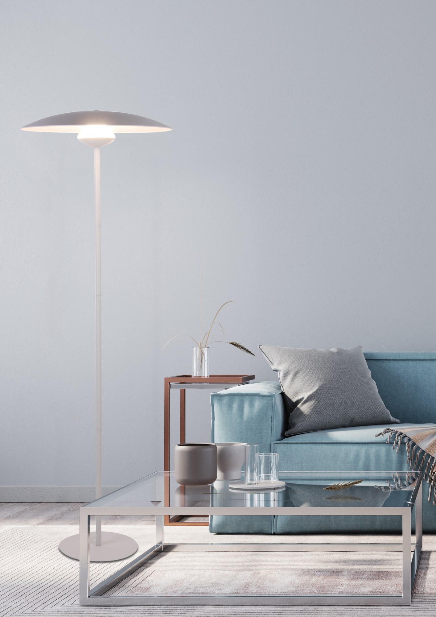 Lampadaire LED blanc à disque en métal, style scandinave, 140 cm lampadaire LED blanc à disque dans un salon avec canapé bleu