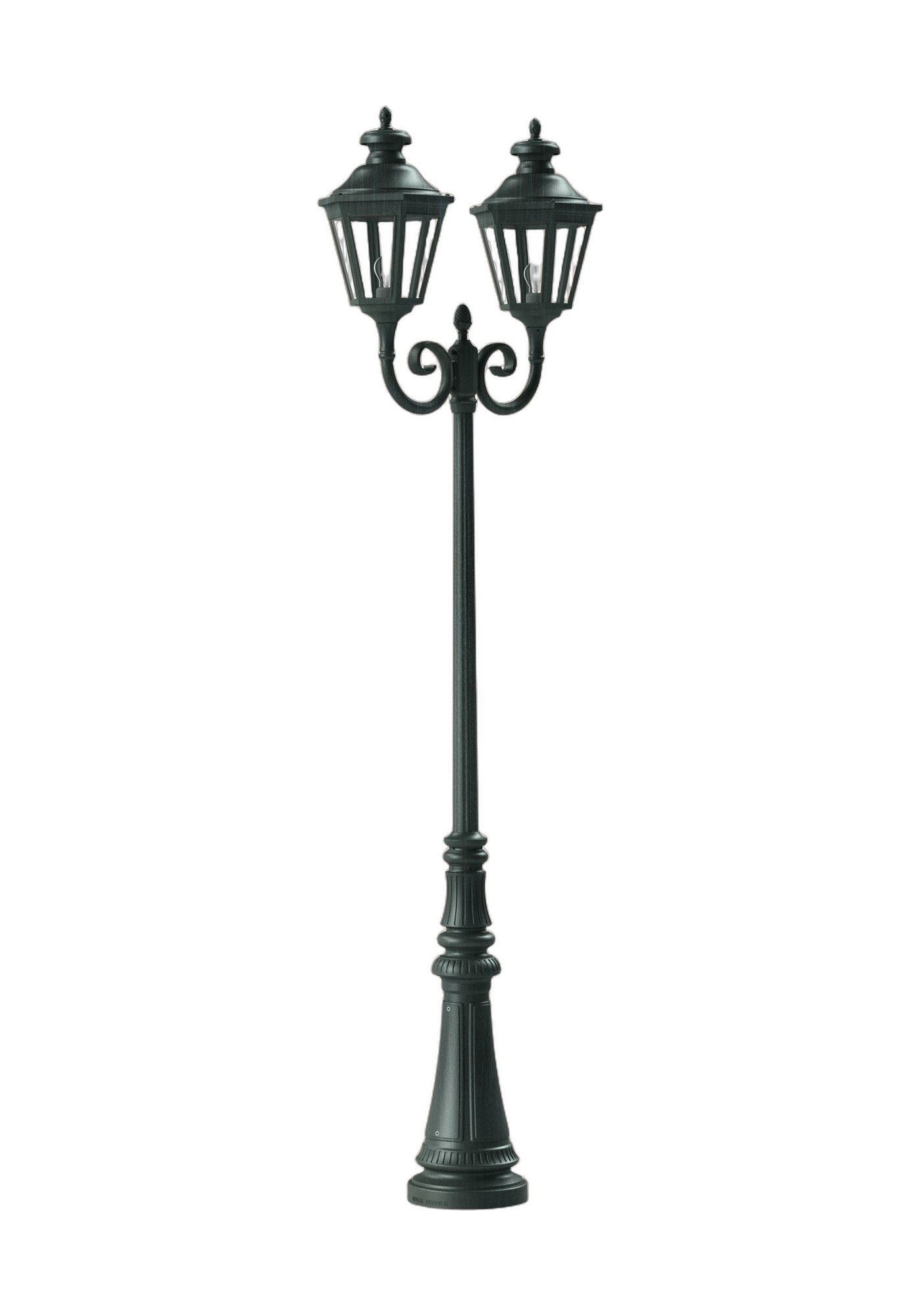 Lampadaire Louis XIII en aluminium et verre par Roger Pradier lampadaire Louis XIII 2 têtes en aluminium patine vert de gris, rendu sur fond blanc