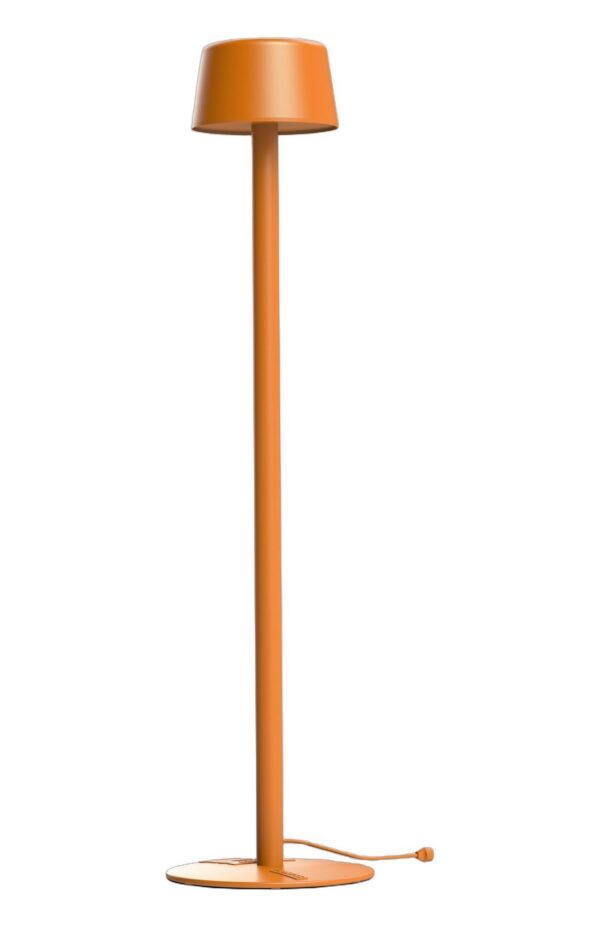 lampadaire mobile Bark en aluminium orange sur socle avec câble, rendu sur fond blanc